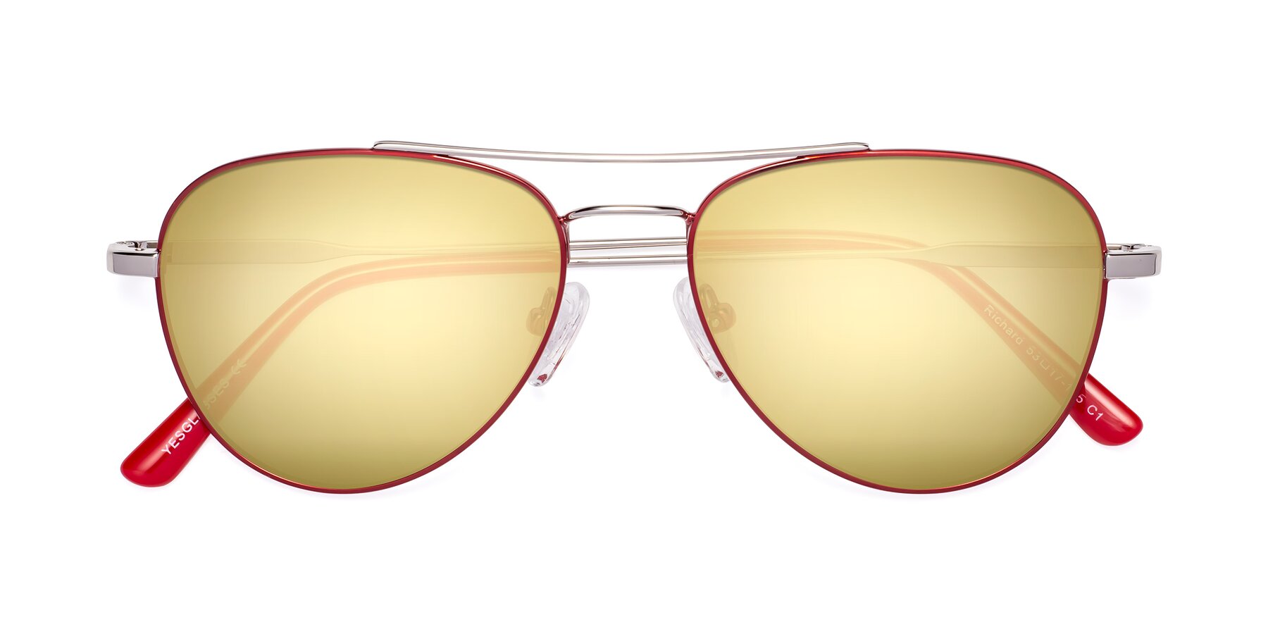 Folded Front of Richard in Red-Silver with Gold Mirrored Lenses