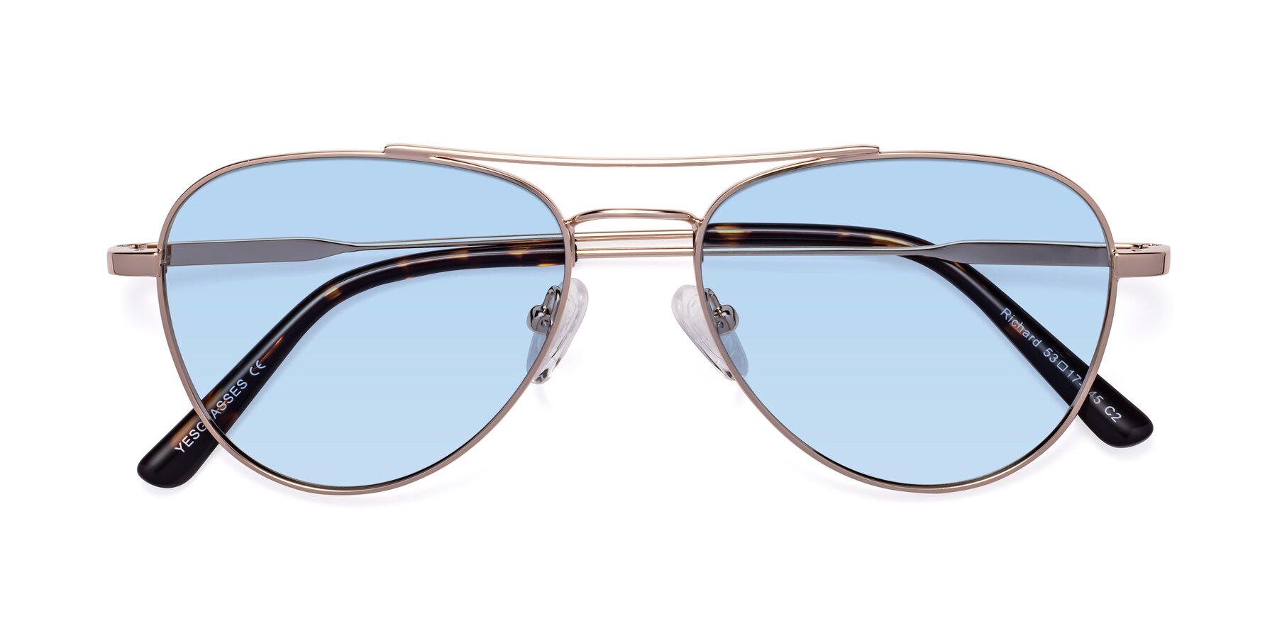 Folded Front of Richard in Gold with Light Blue Tinted Lenses