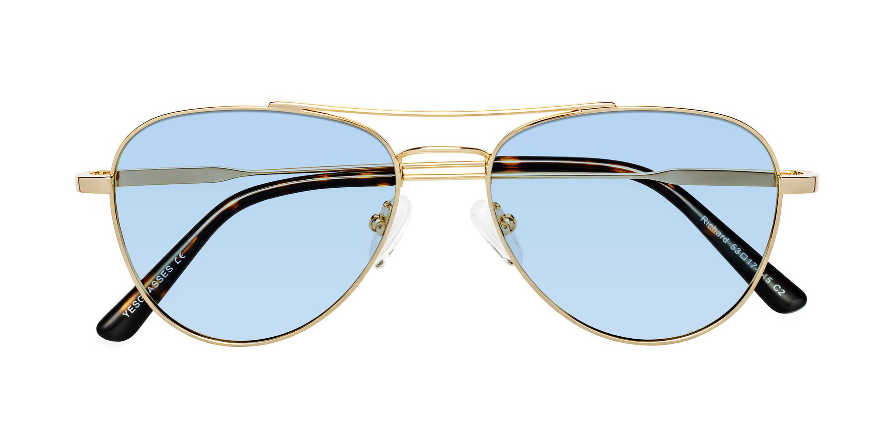 Folded Front of Richard in Gold with Light Blue Tinted Lenses