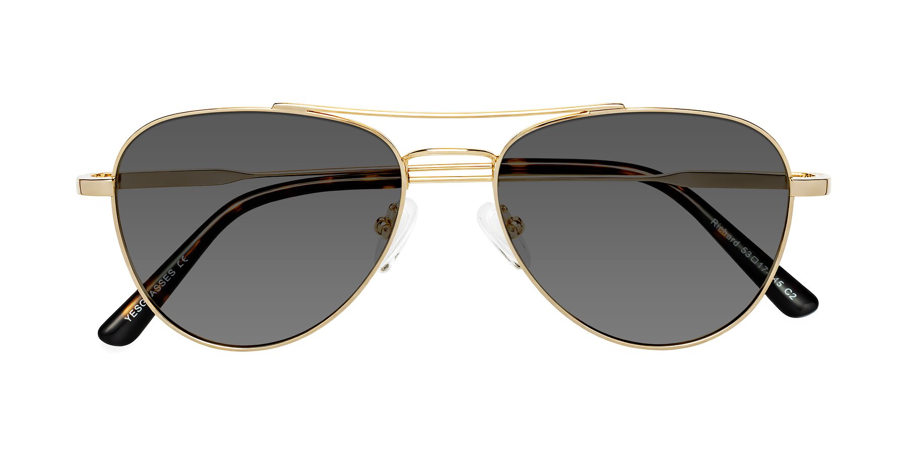 Folded Front of Richard in Gold with Medium Gray Tinted Lenses