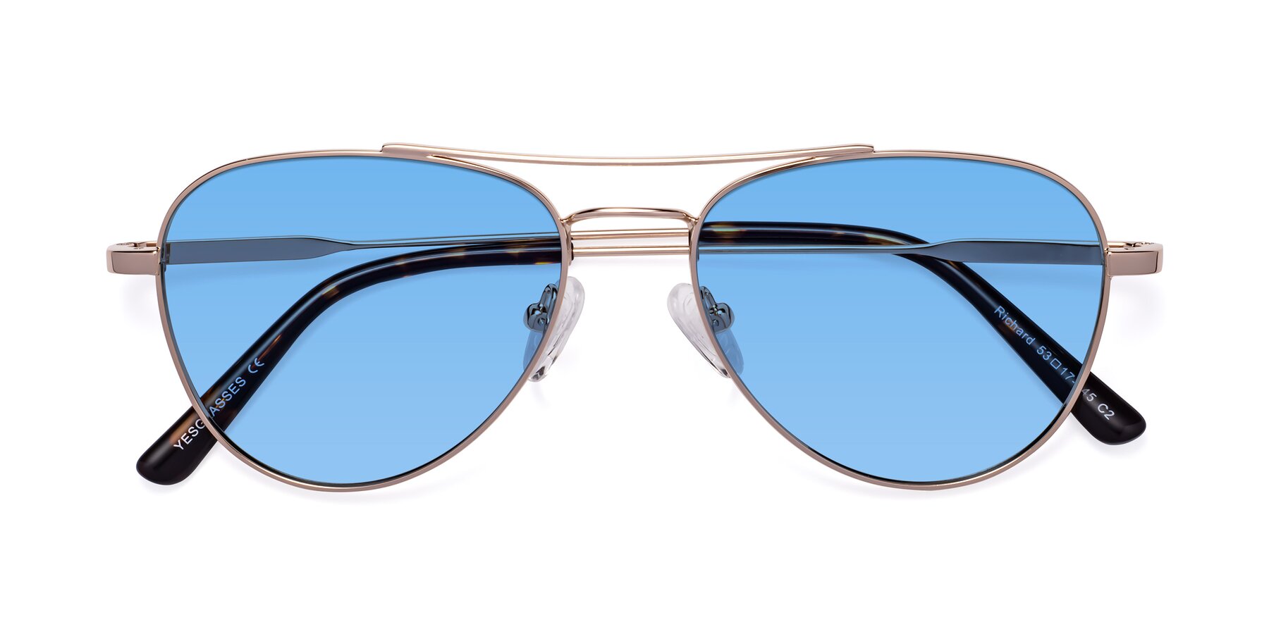 Folded Front of Richard in Gold with Medium Blue Tinted Lenses