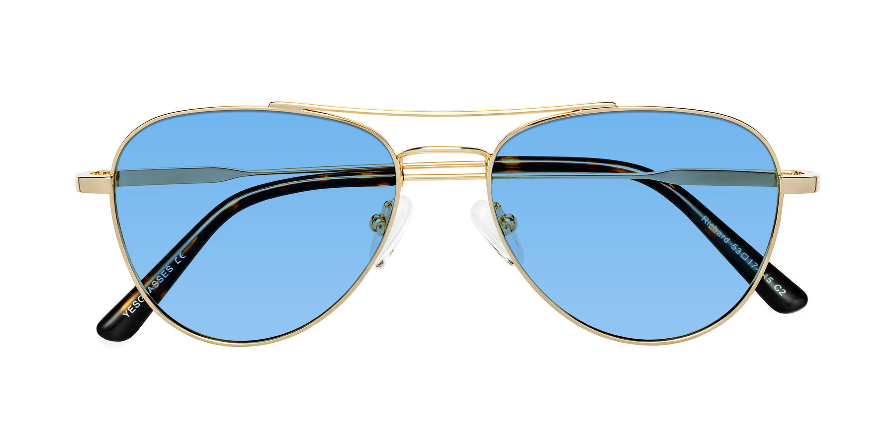 Folded Front of Richard in Gold with Medium Blue Tinted Lenses