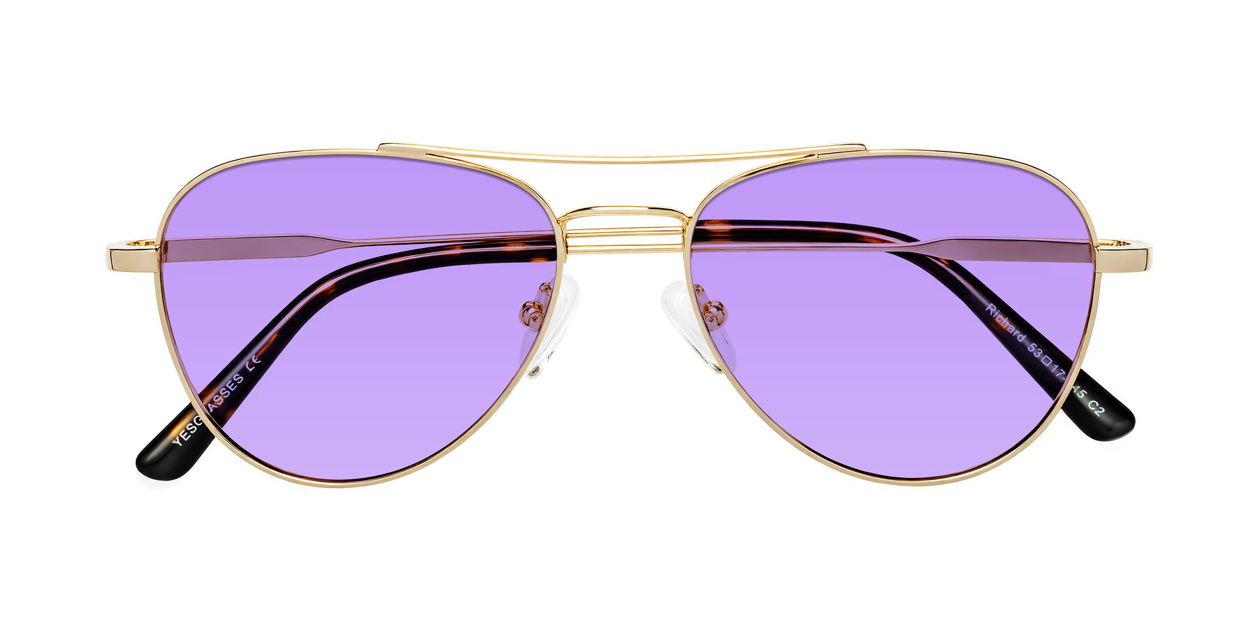 Folded Front of Richard in Gold with Medium Purple Tinted Lenses