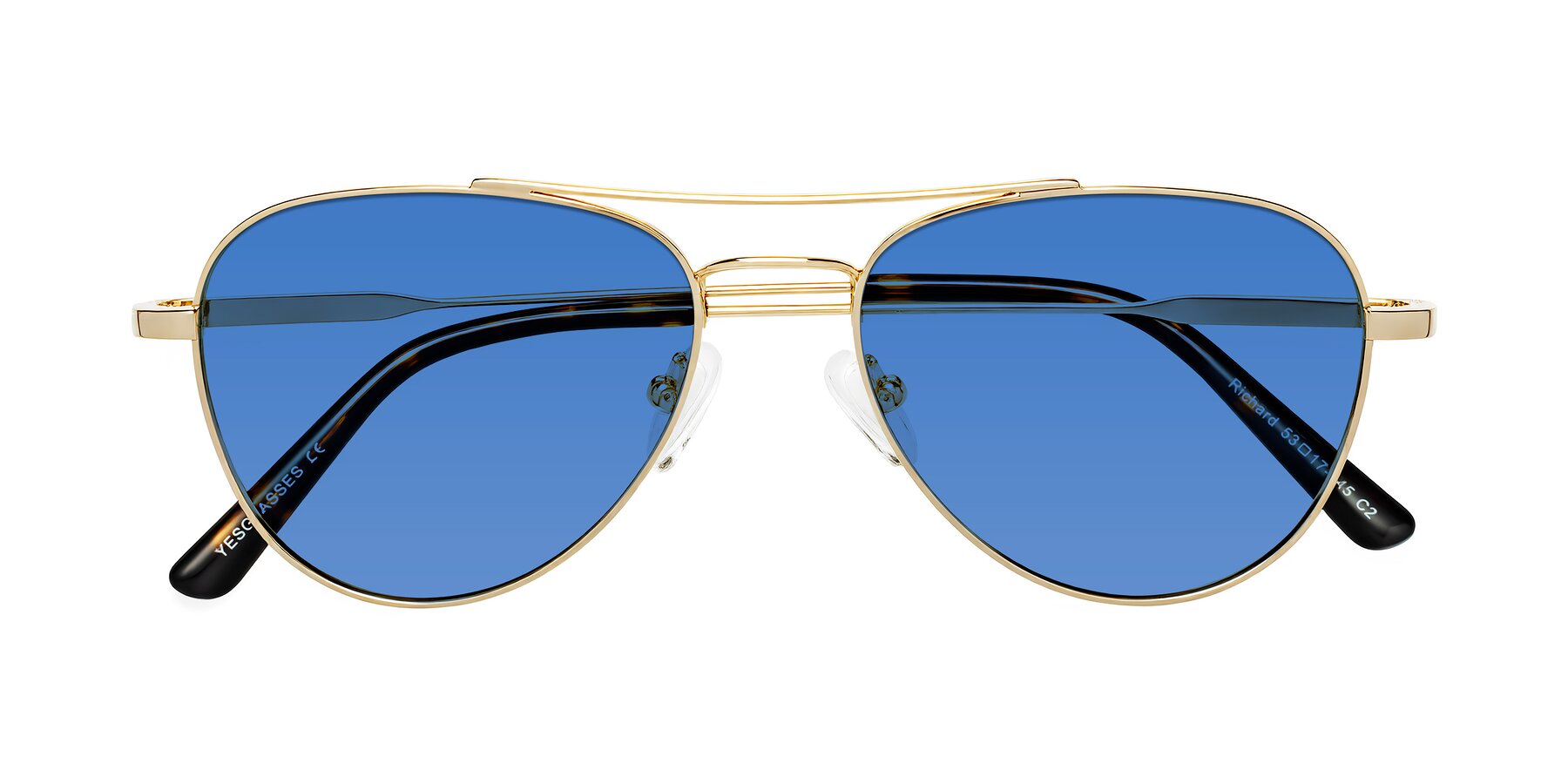 Folded Front of Richard in Gold with Blue Tinted Lenses