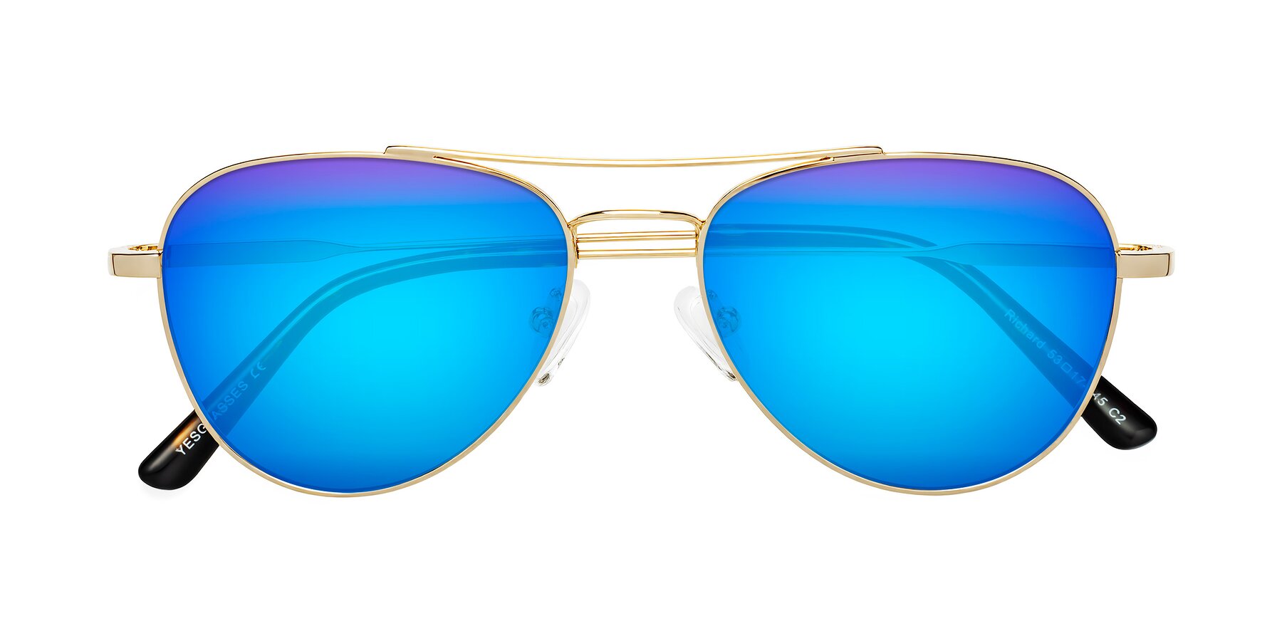 Folded Front of Richard in Gold with Blue Mirrored Lenses