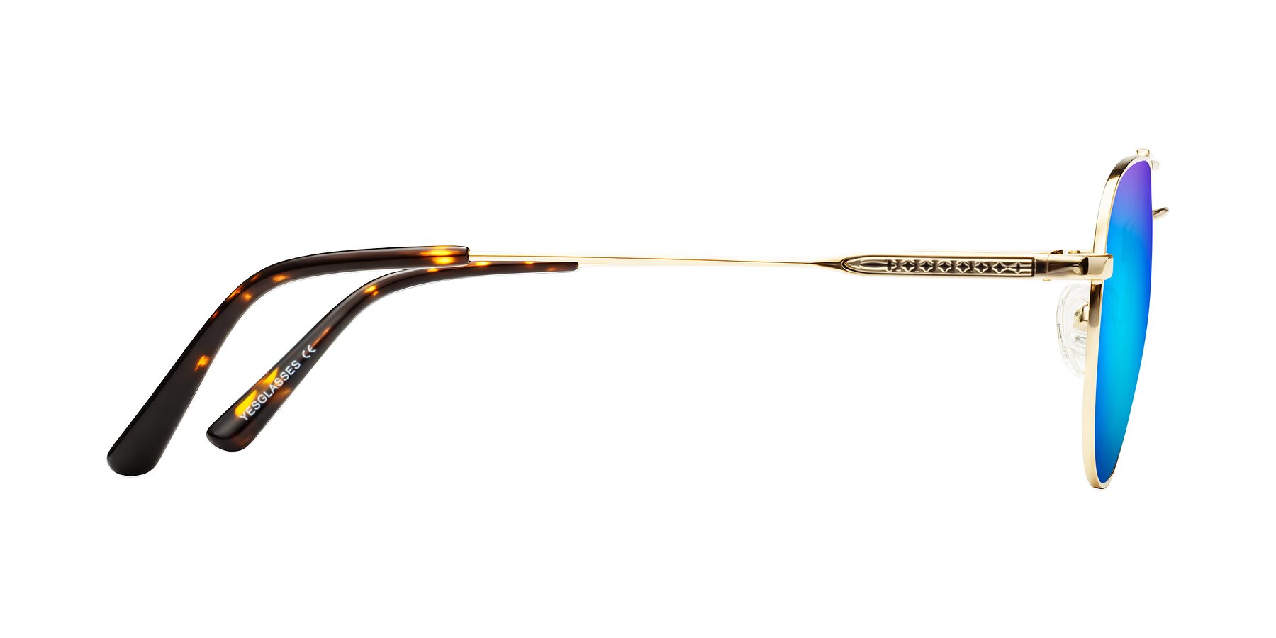 Side of Richard in Gold with Blue Mirrored Lenses