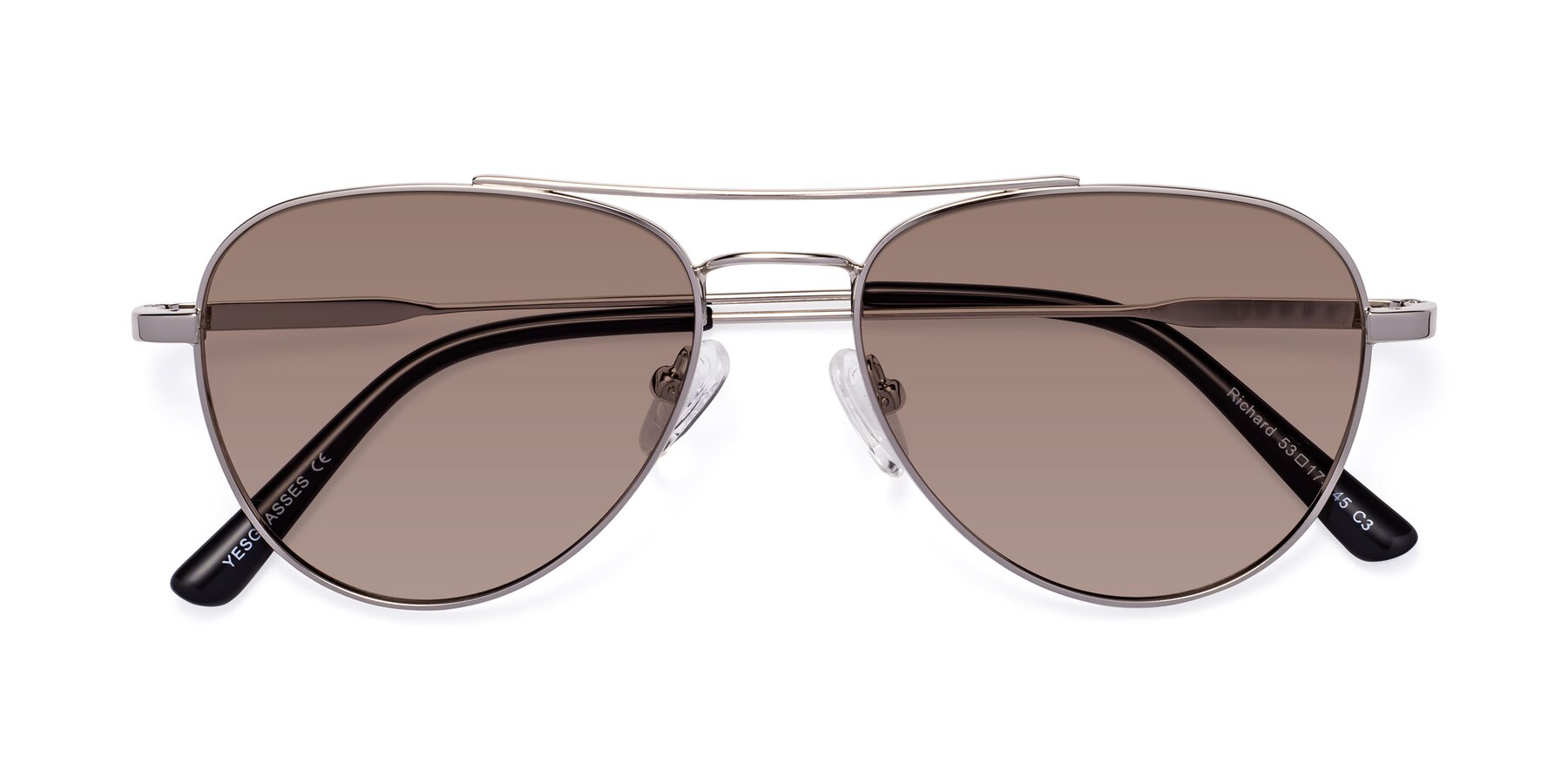 Folded Front of Richard in Silver with Medium Brown Tinted Lenses
