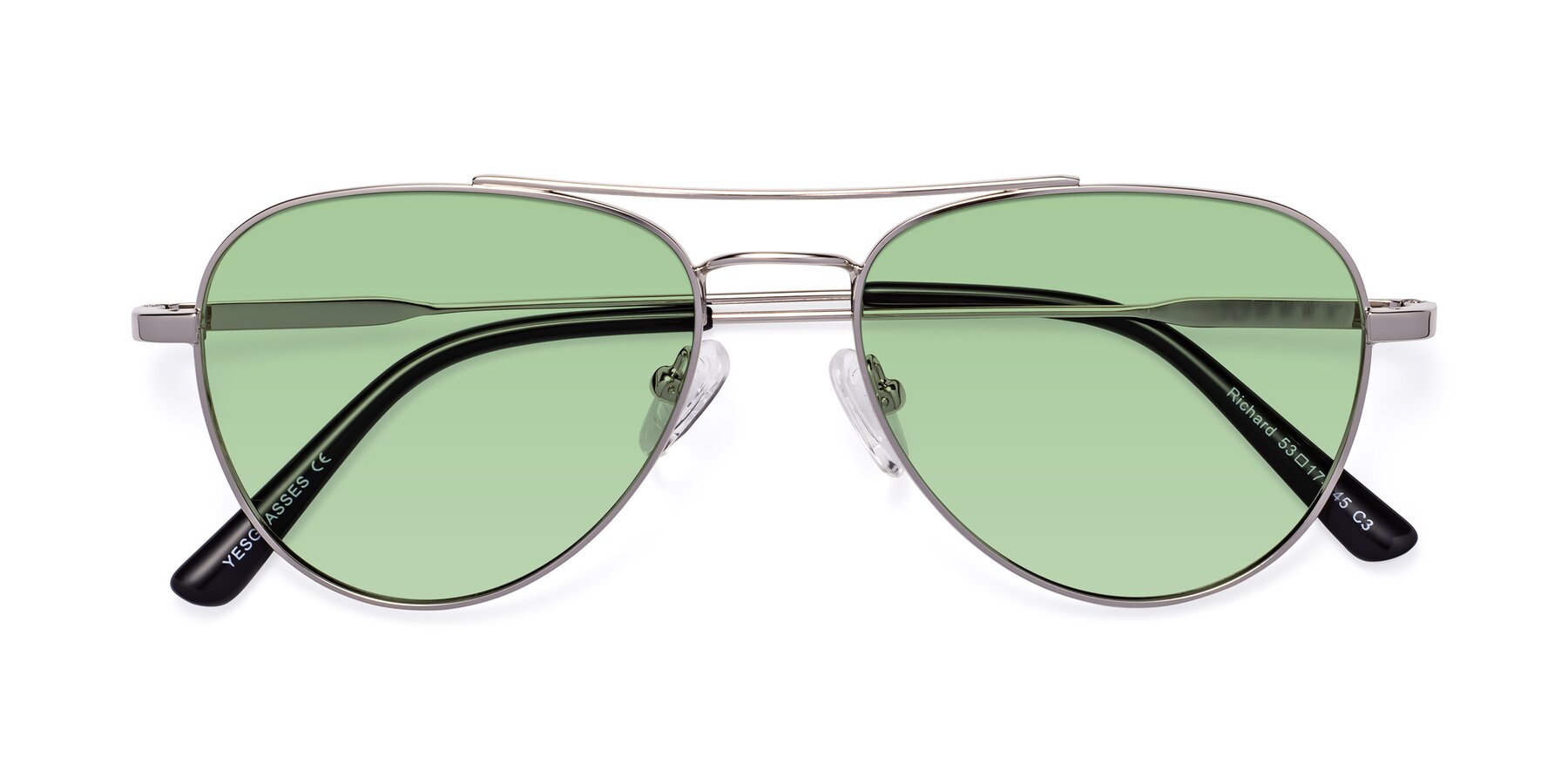 Folded Front of Richard in Silver with Medium Green Tinted Lenses