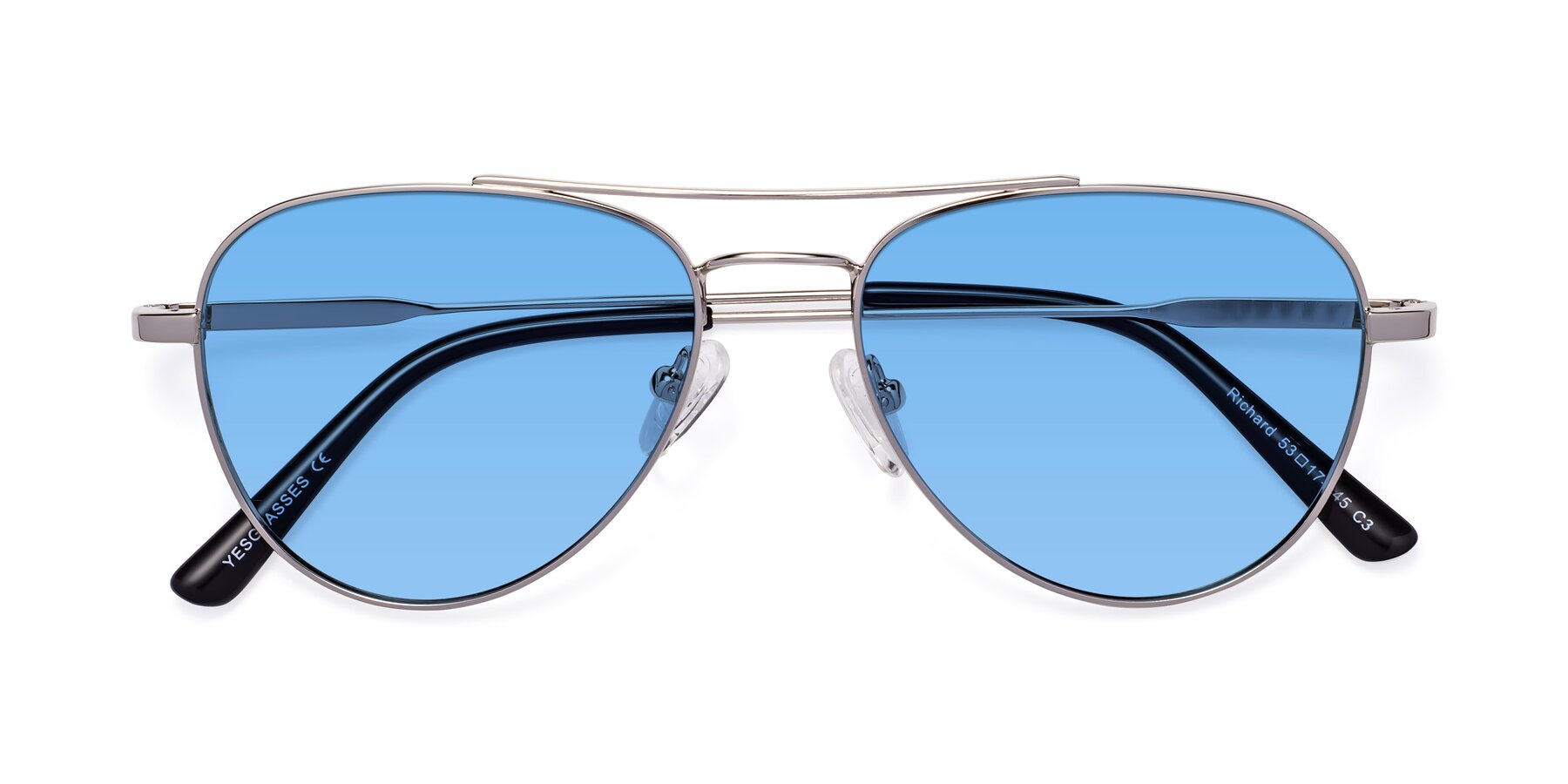 Folded Front of Richard in Silver with Medium Blue Tinted Lenses
