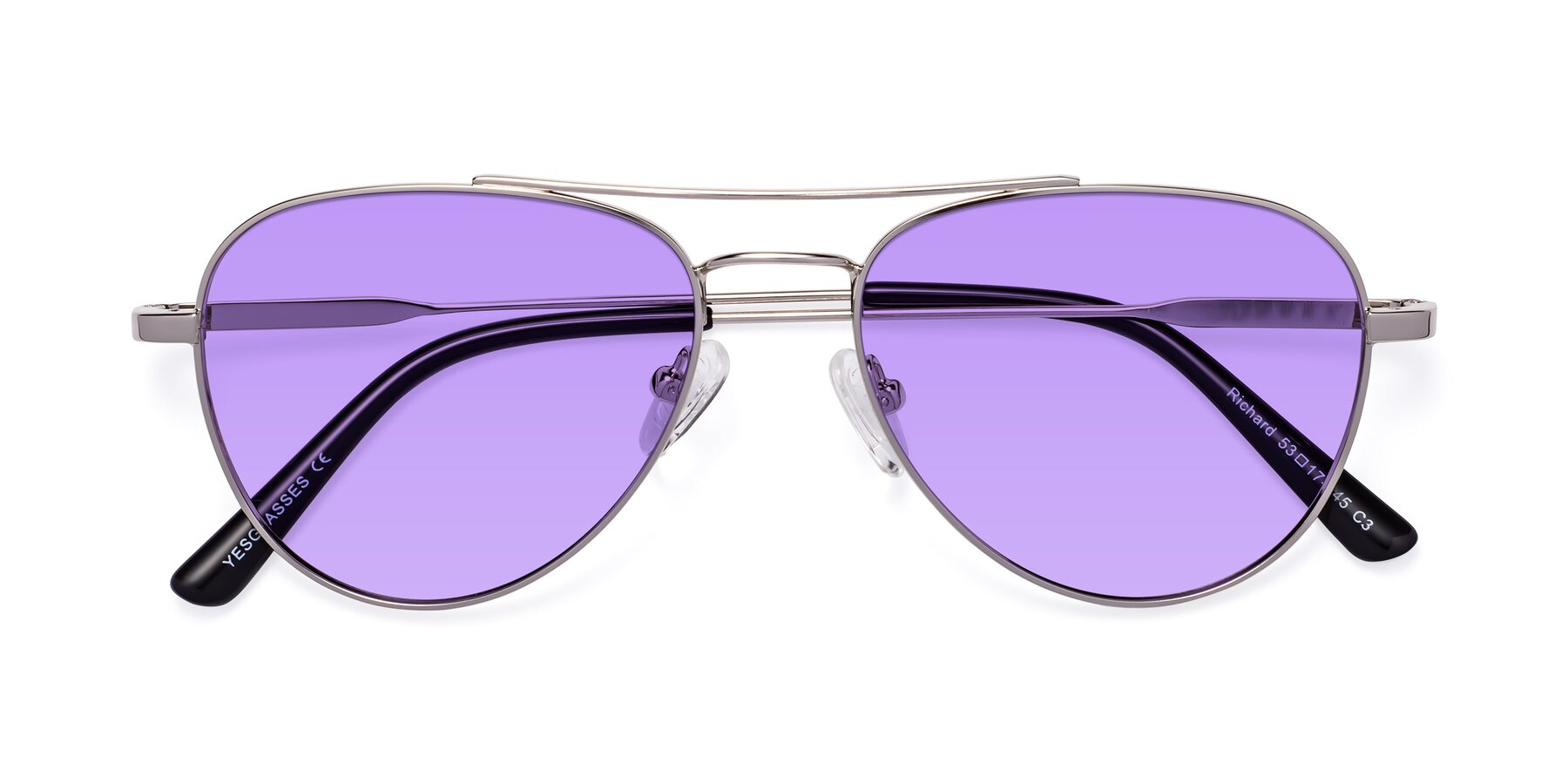 Folded Front of Richard in Silver with Medium Purple Tinted Lenses