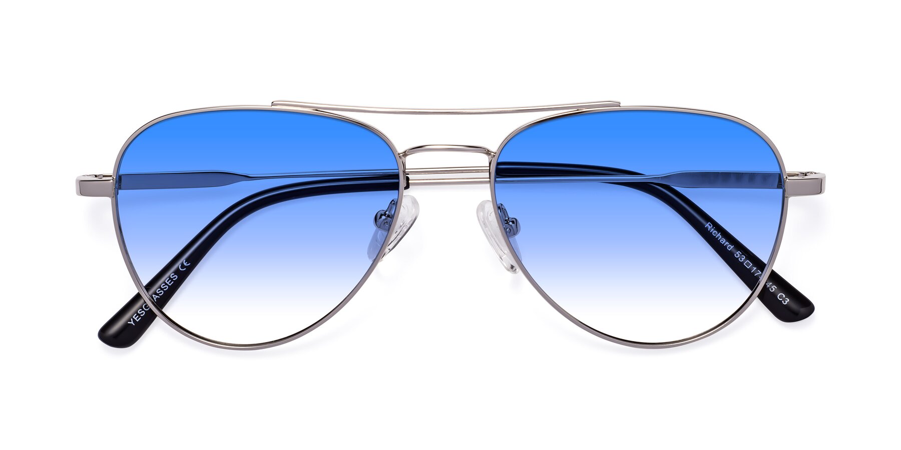 Silver Lightweight Metal Aviator Gradient Sunglasses with Blue Sunwear Lenses
