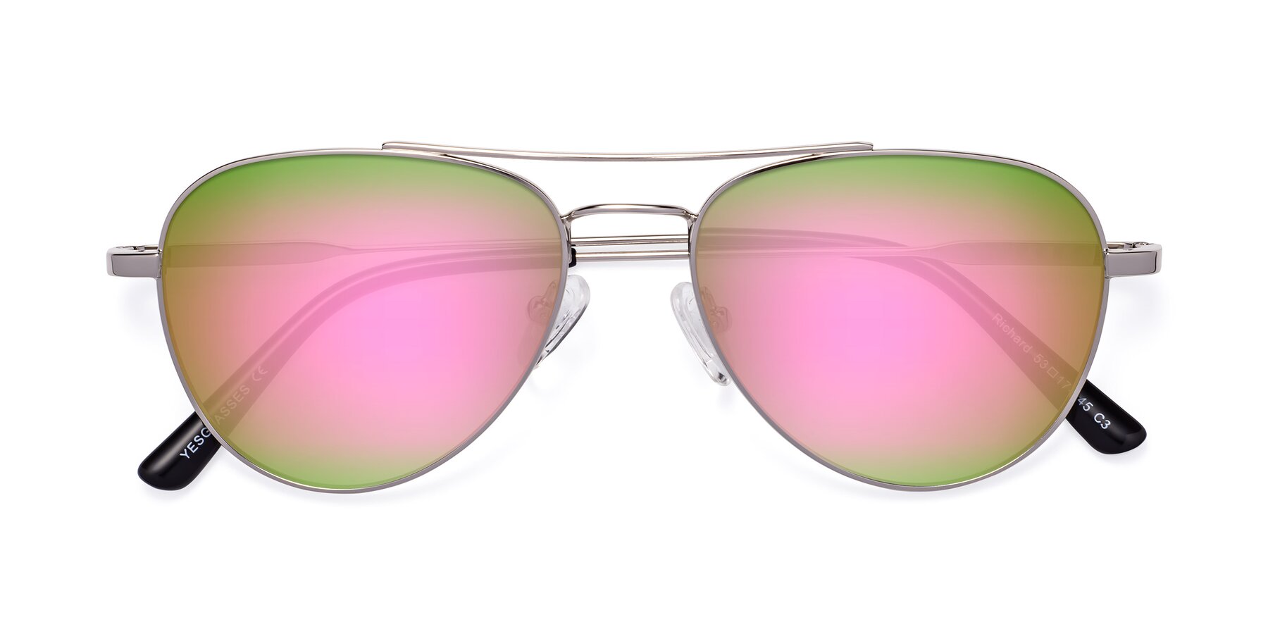 Folded Front of Richard in Silver with Pink Mirrored Lenses