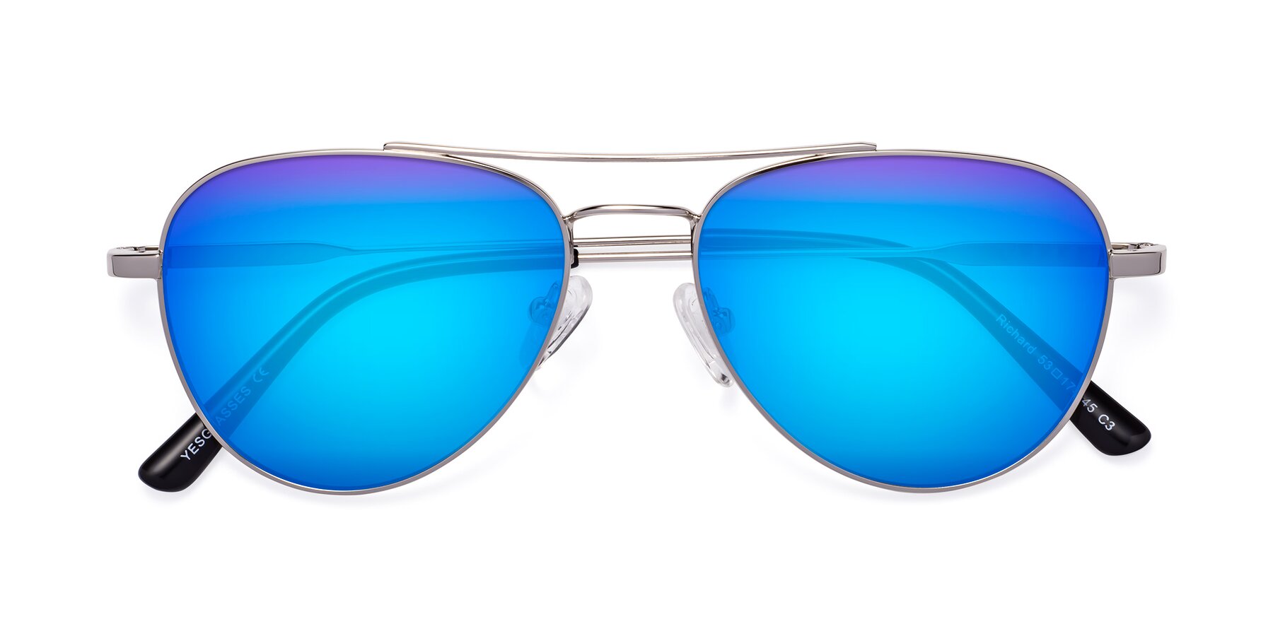 Folded Front of Richard in Silver with Blue Mirrored Lenses