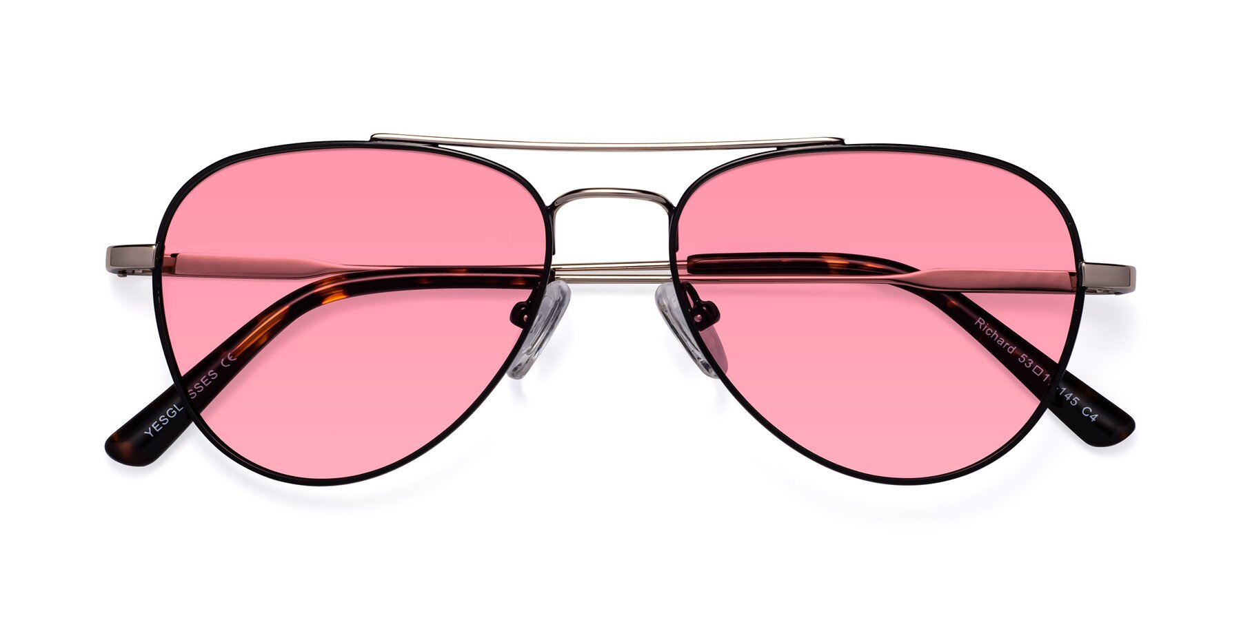 Folded Front of Richard in Black-Gold with Pink Tinted Lenses