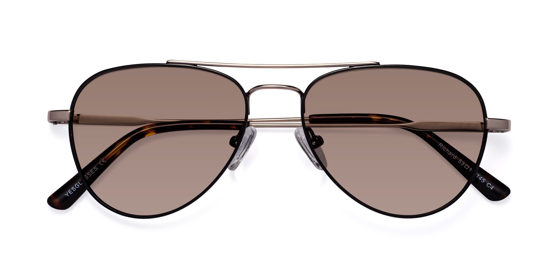 Folded Front of Richard in Black-Gold with Medium Brown Tinted Lenses