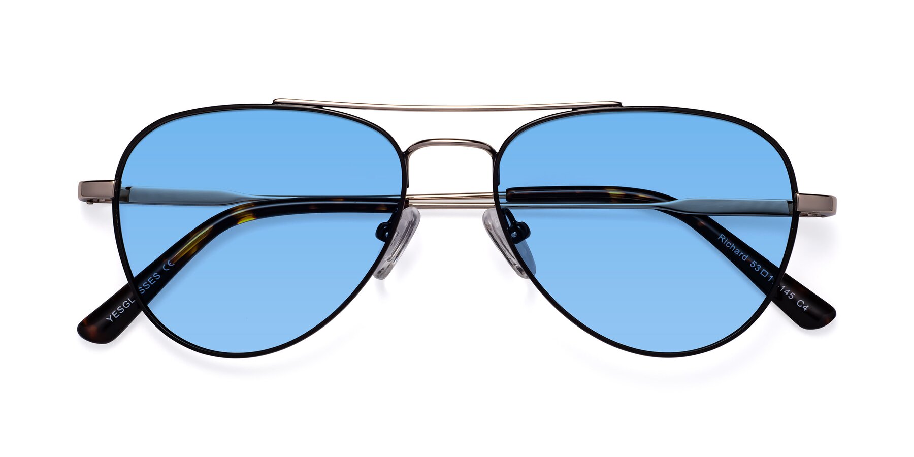 Folded Front of Richard in Black-Gold with Medium Blue Tinted Lenses