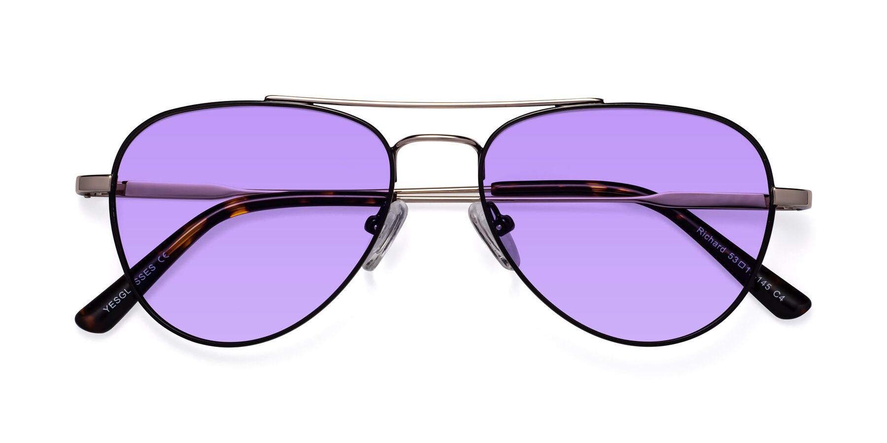 Folded Front of Richard in Black-Gold with Medium Purple Tinted Lenses