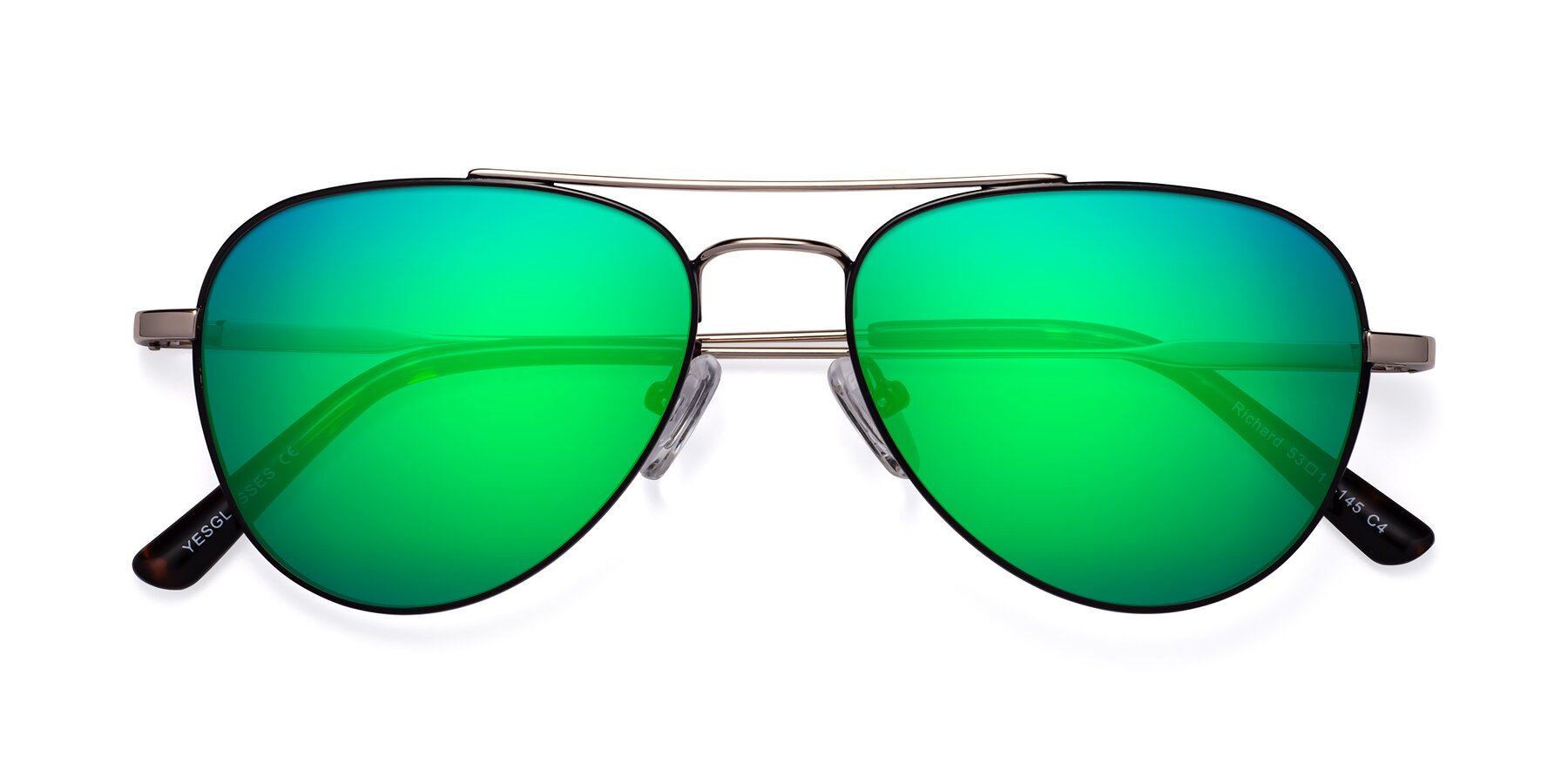 Folded Front of Richard in Black-Gold with Green Mirrored Lenses