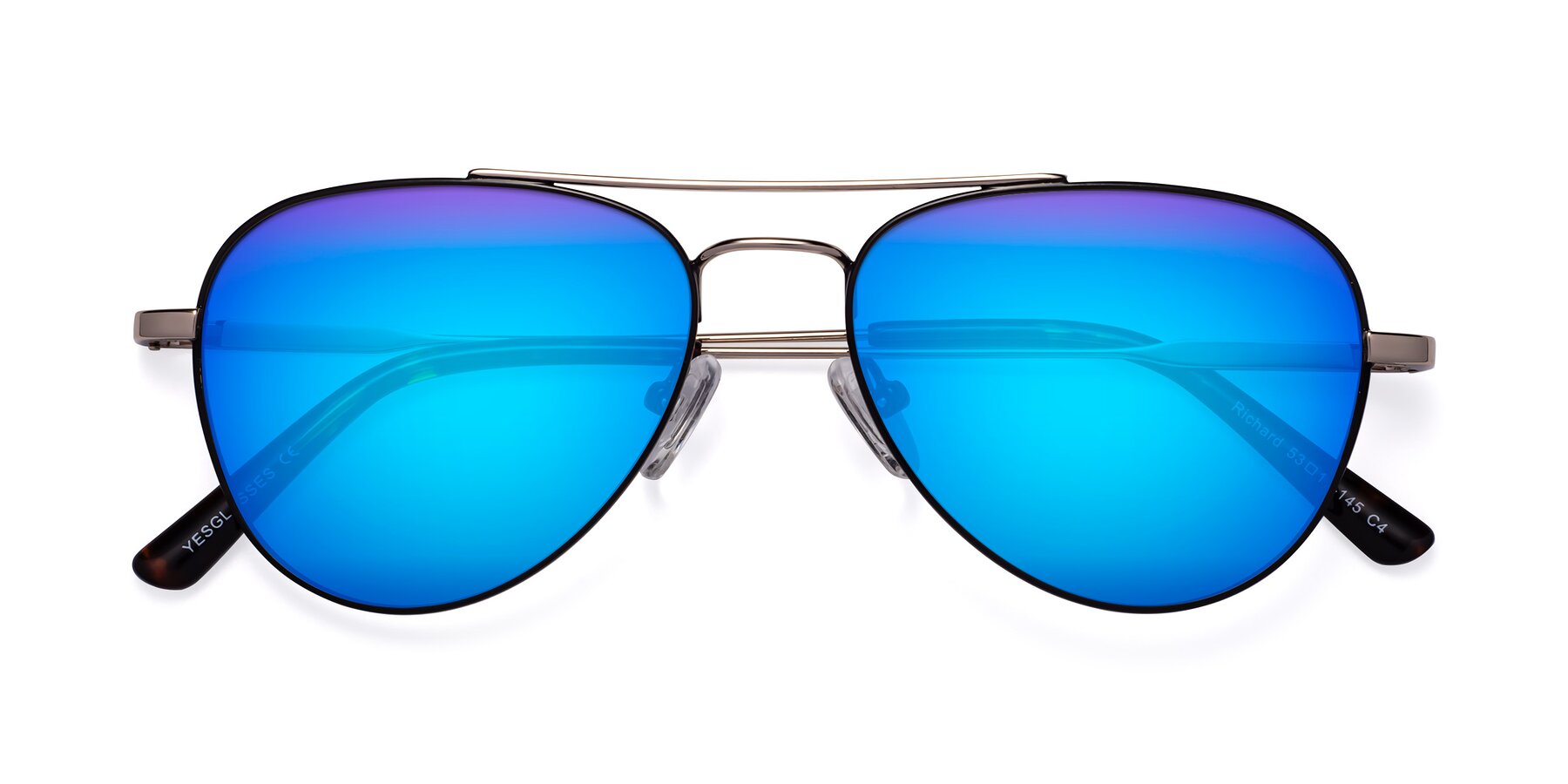 Folded Front of Richard in Black-Gold with Blue Mirrored Lenses