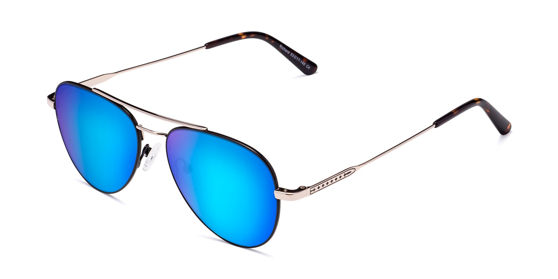 Angle of Richard in Black-Gold with Blue Mirrored Lenses