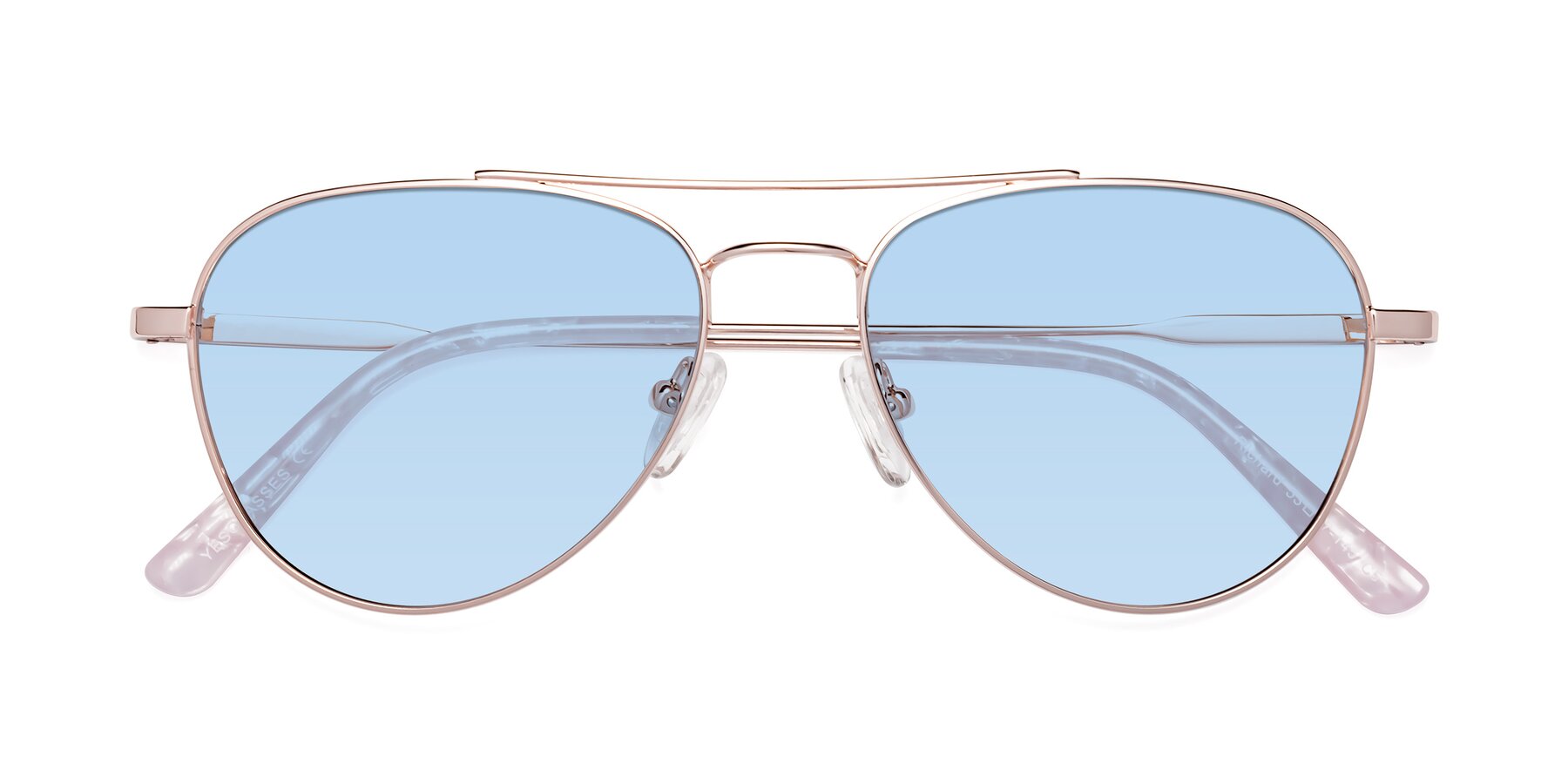 Folded Front of Richard in Rose Gold with Light Blue Tinted Lenses