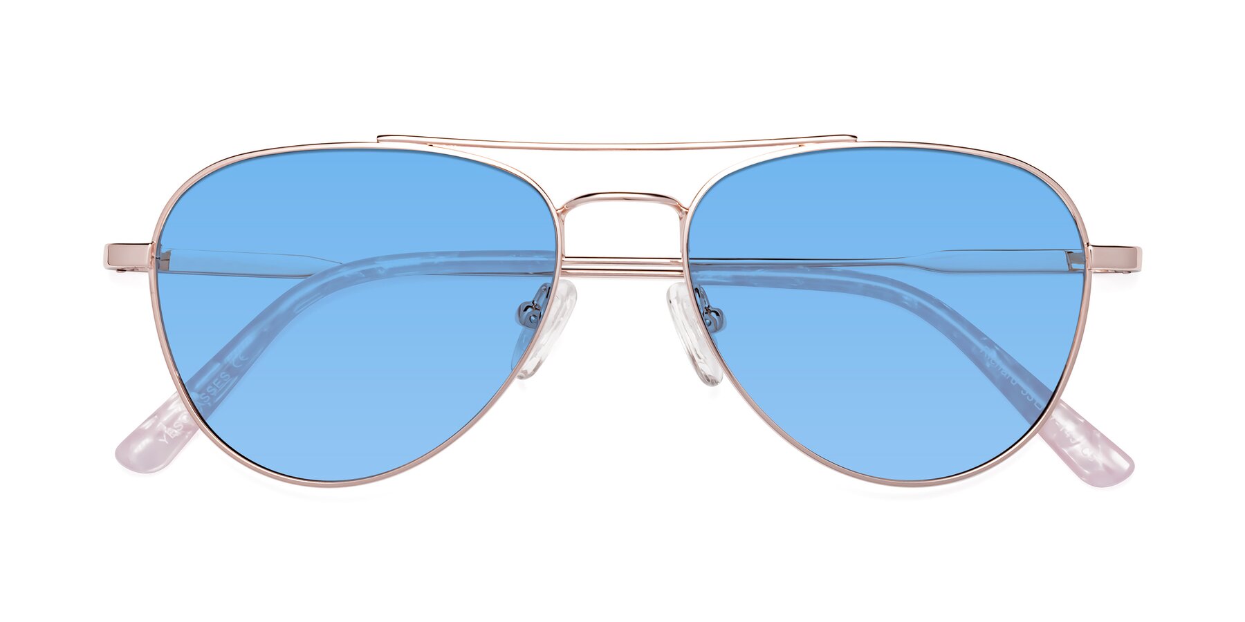Folded Front of Richard in Rose Gold with Medium Blue Tinted Lenses