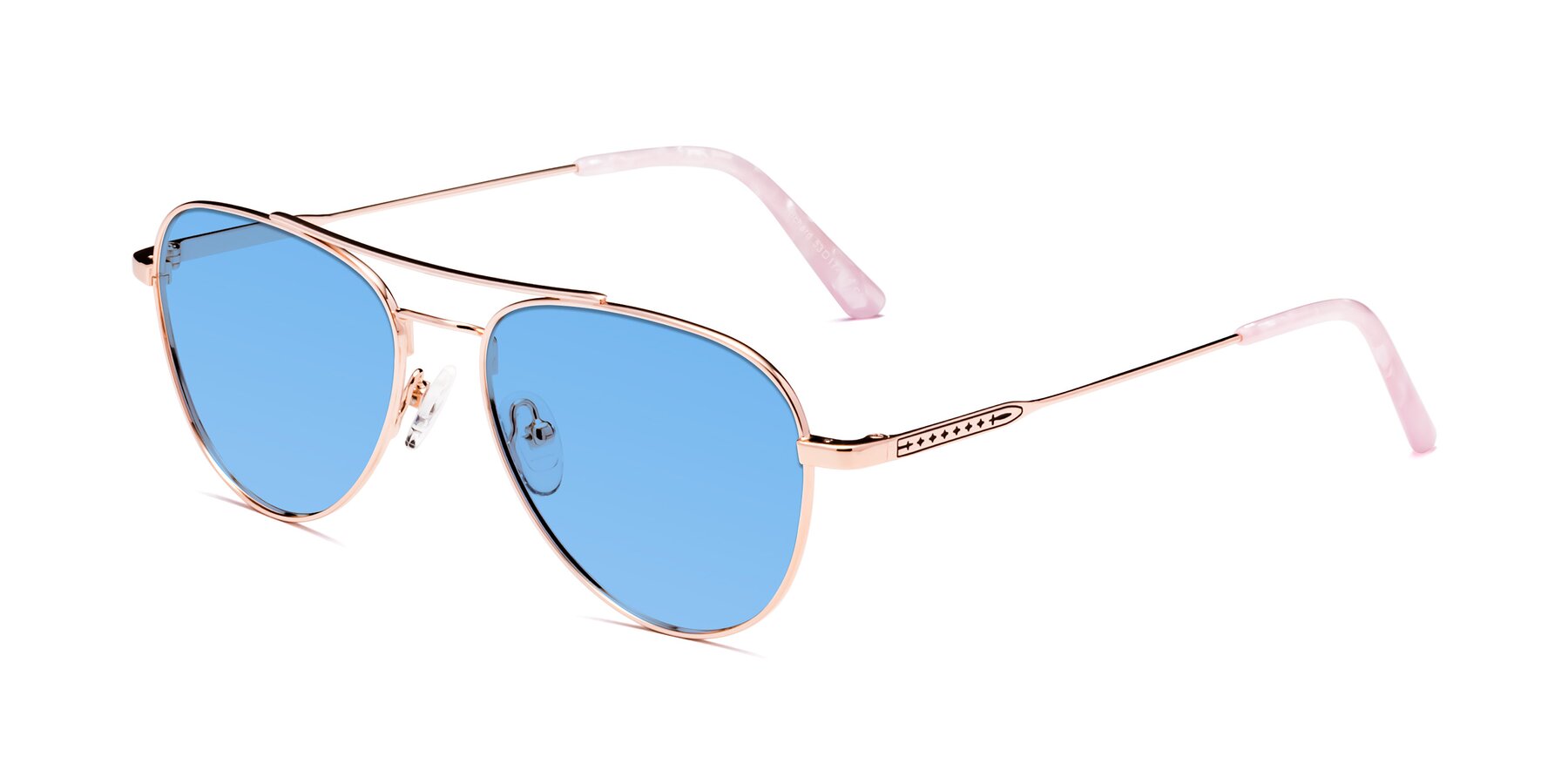 Angle of Richard in Rose Gold with Medium Blue Tinted Lenses