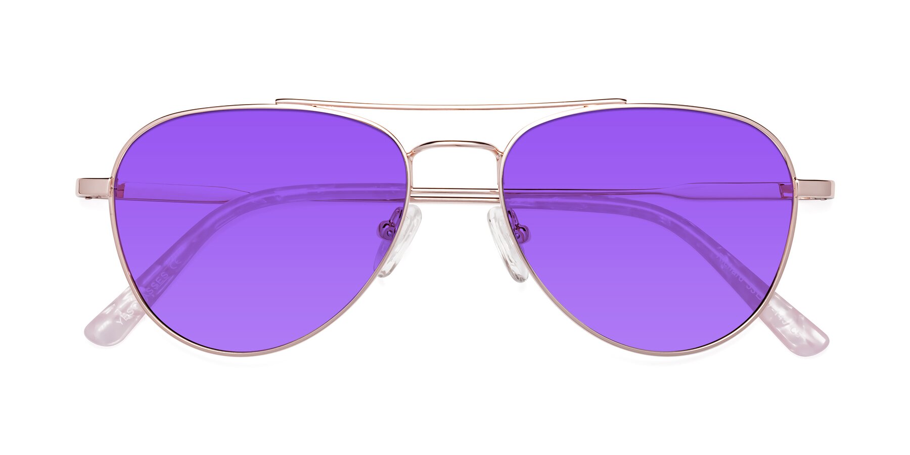Folded Front of Richard in Rose Gold with Purple Tinted Lenses