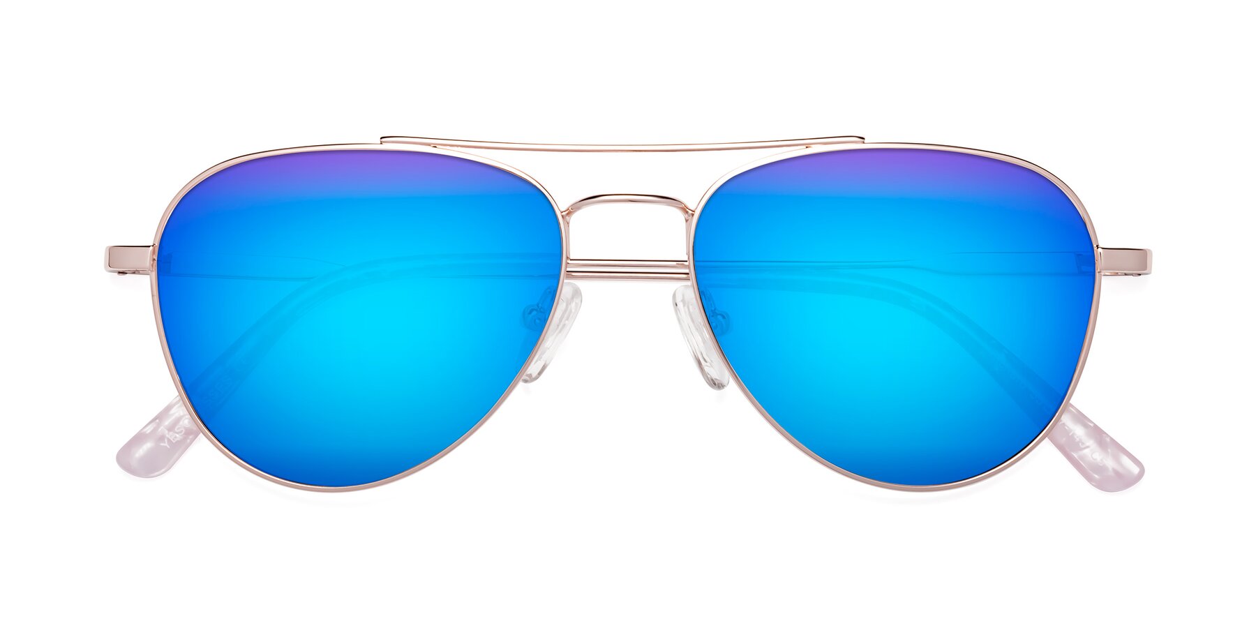 Folded Front of Richard in Rose Gold with Blue Mirrored Lenses