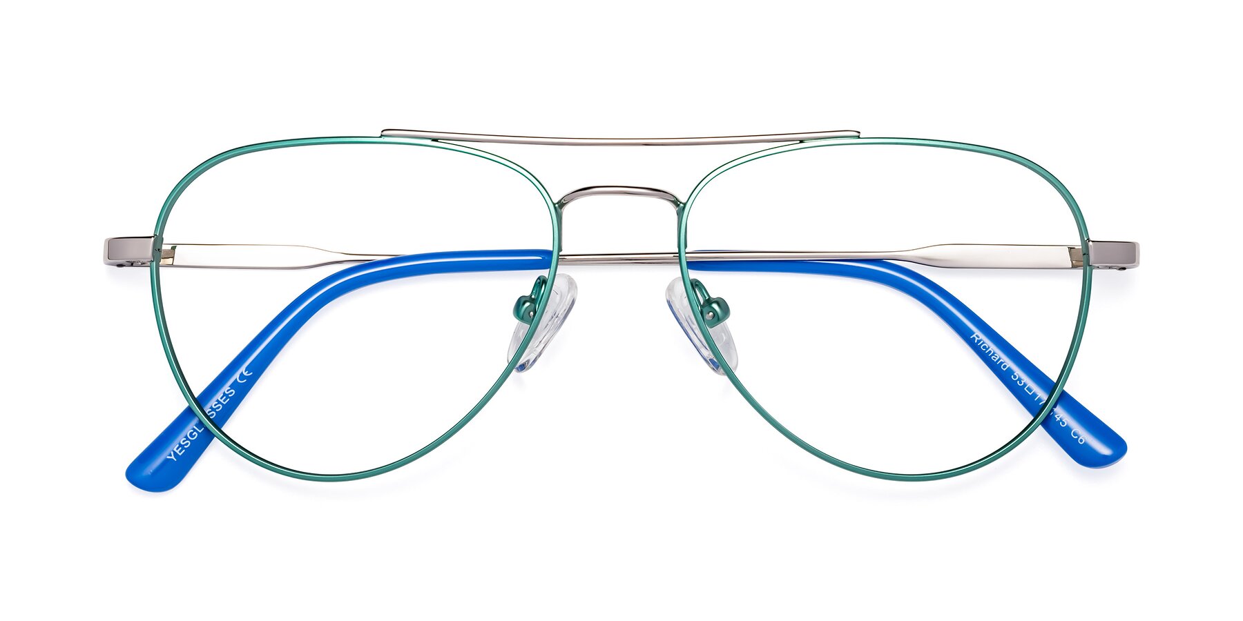 Folded Front of Richard in Green-Silver with Clear Reading Eyeglass Lenses