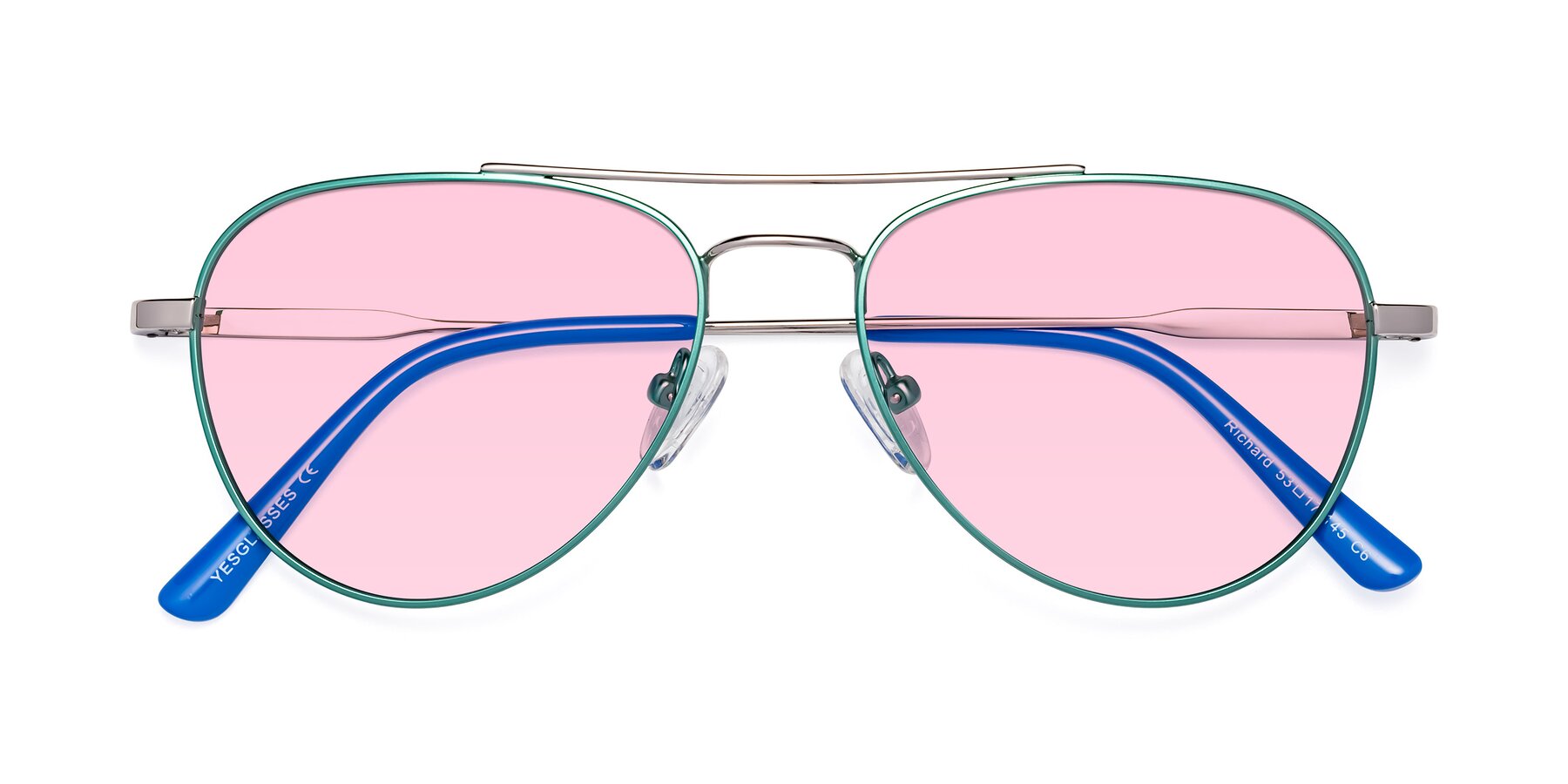Folded Front of Richard in Green-Silver with Light Pink Tinted Lenses