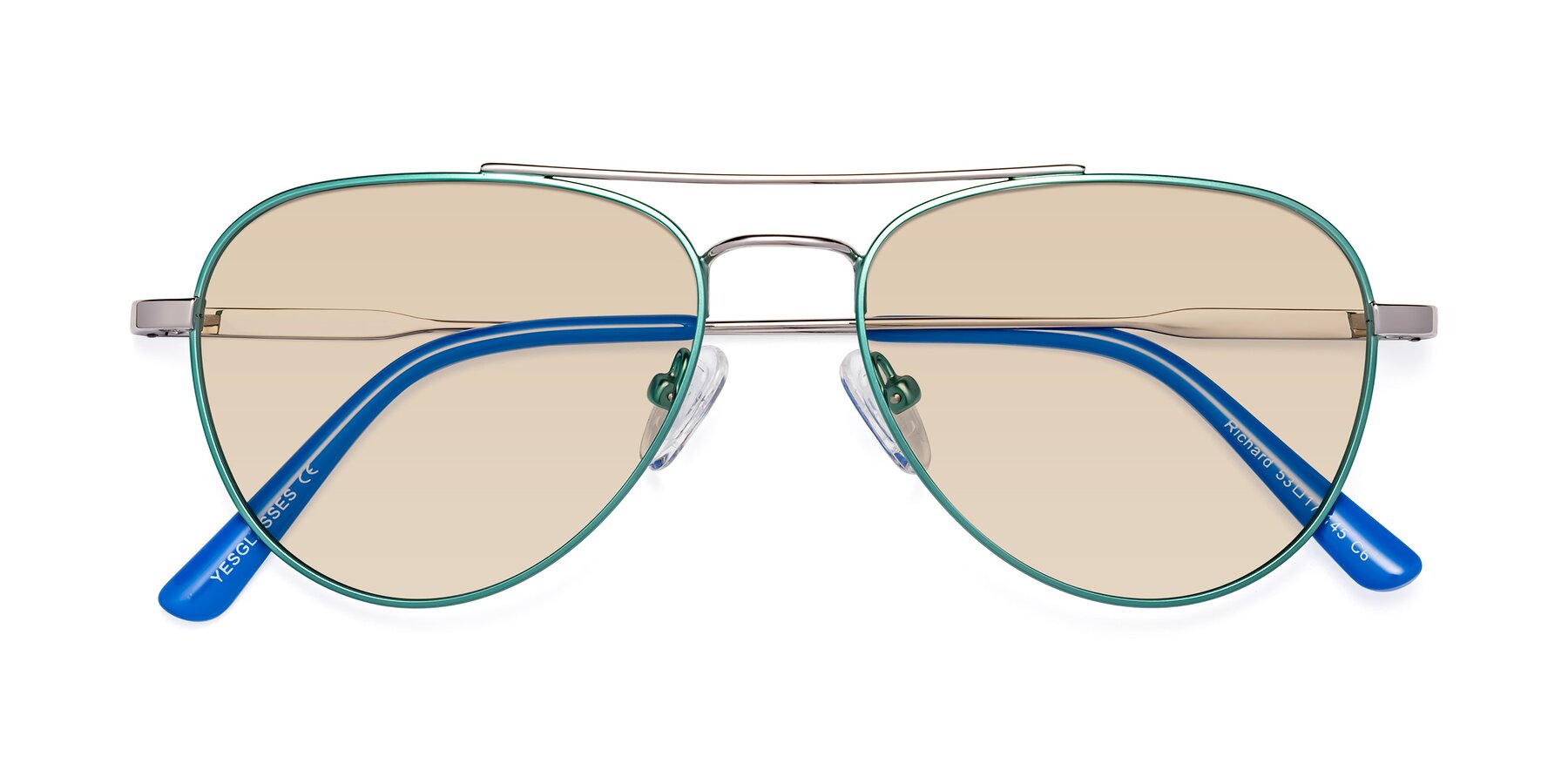 Folded Front of Richard in Green-Silver with Light Brown Tinted Lenses