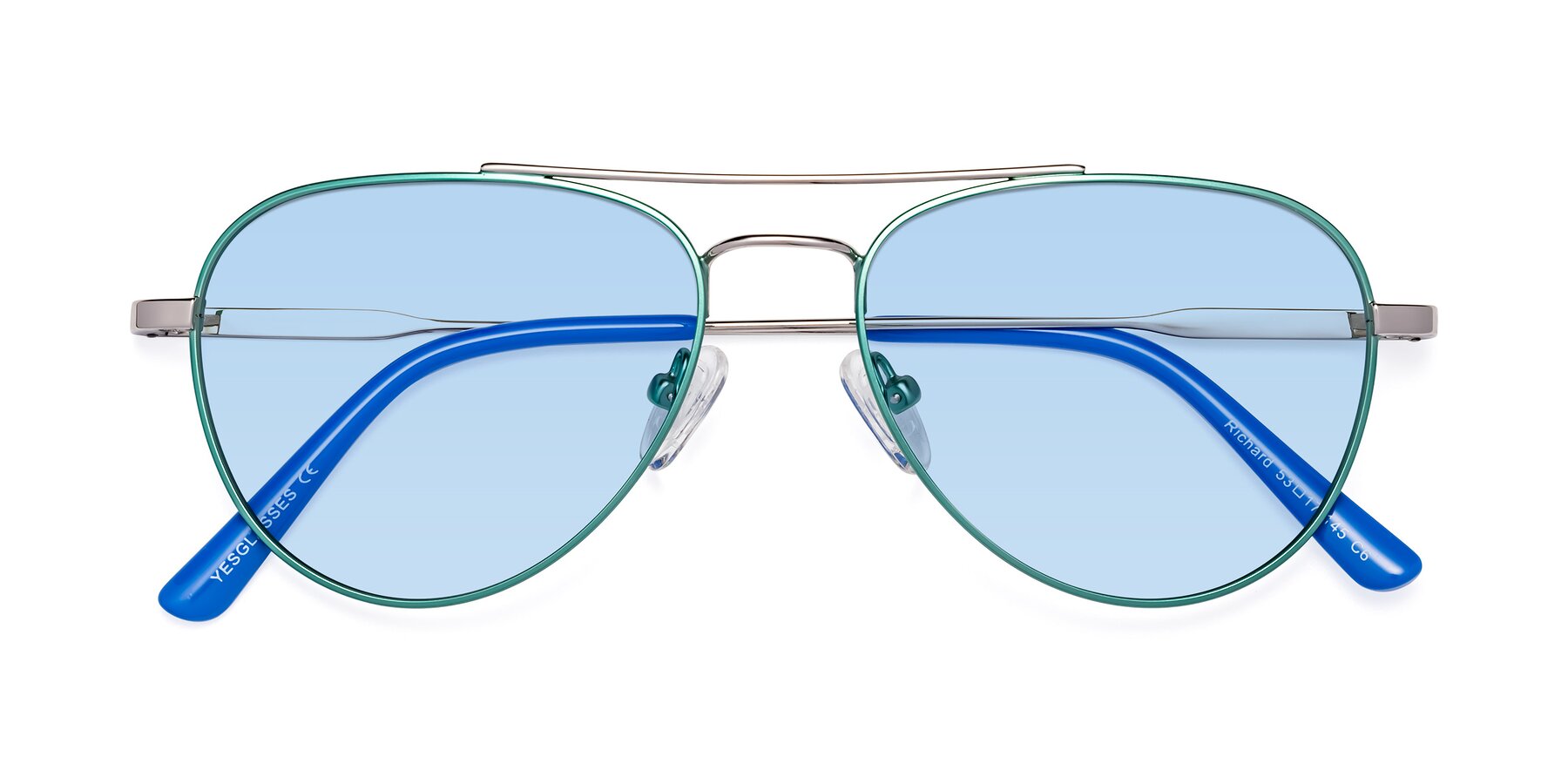 Folded Front of Richard in Green-Silver with Light Blue Tinted Lenses