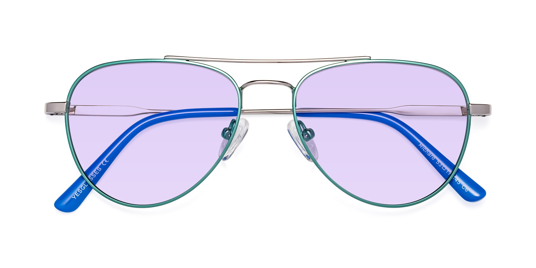 Folded Front of Richard in Green-Silver with Light Purple Tinted Lenses