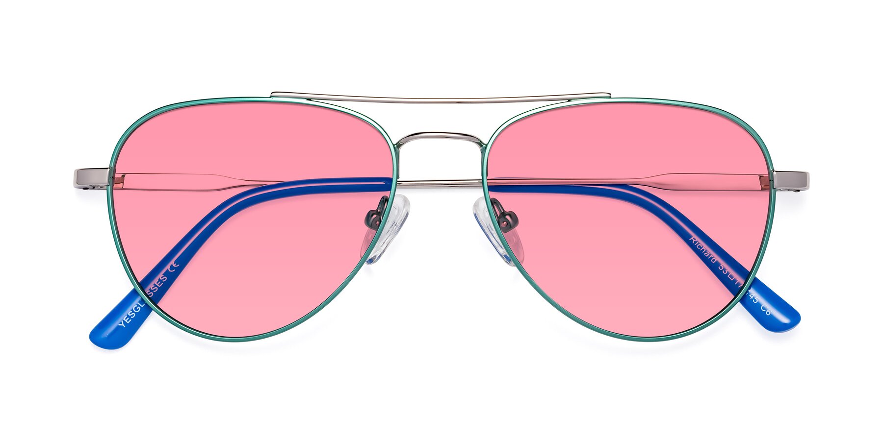 Folded Front of Richard in Green-Silver with Pink Tinted Lenses