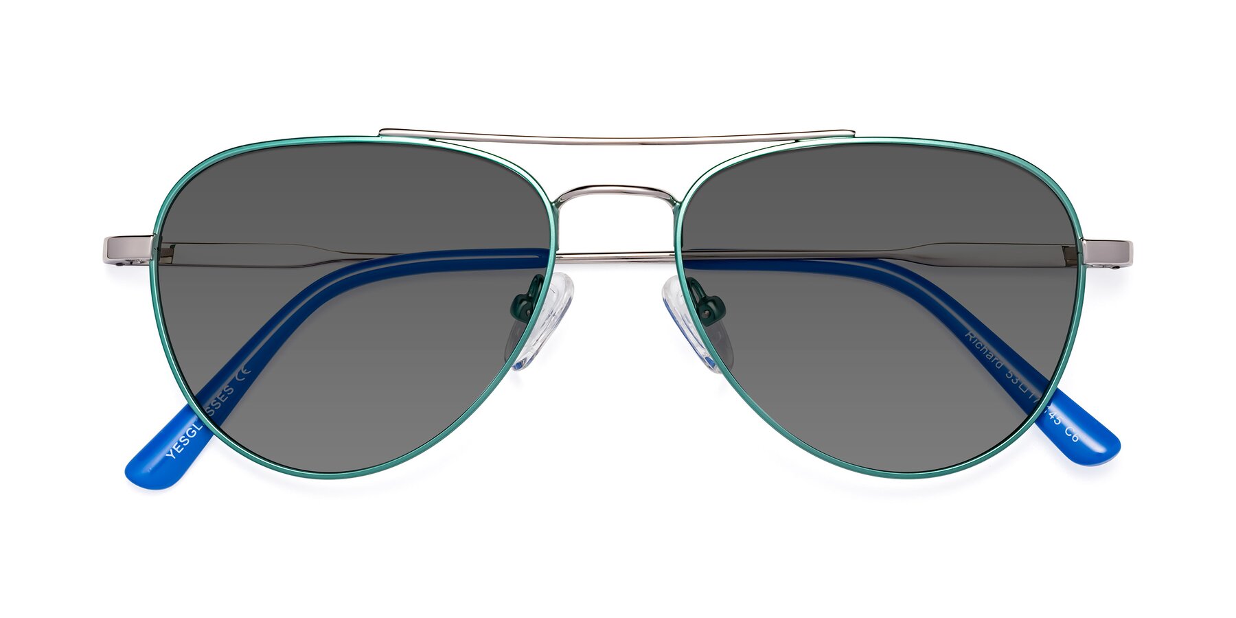 Folded Front of Richard in Green-Silver with Medium Gray Tinted Lenses