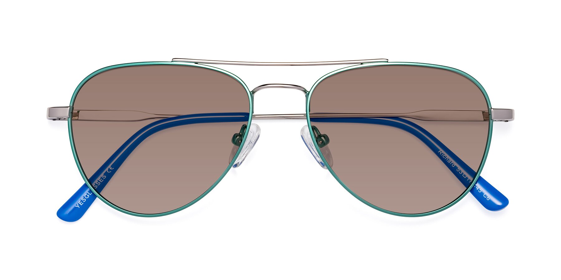 Folded Front of Richard in Green-Silver with Medium Brown Tinted Lenses