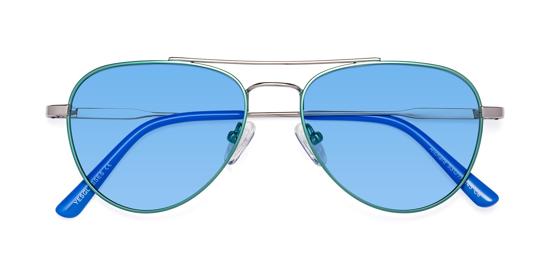 Folded Front of Richard in Green-Silver with Medium Blue Tinted Lenses