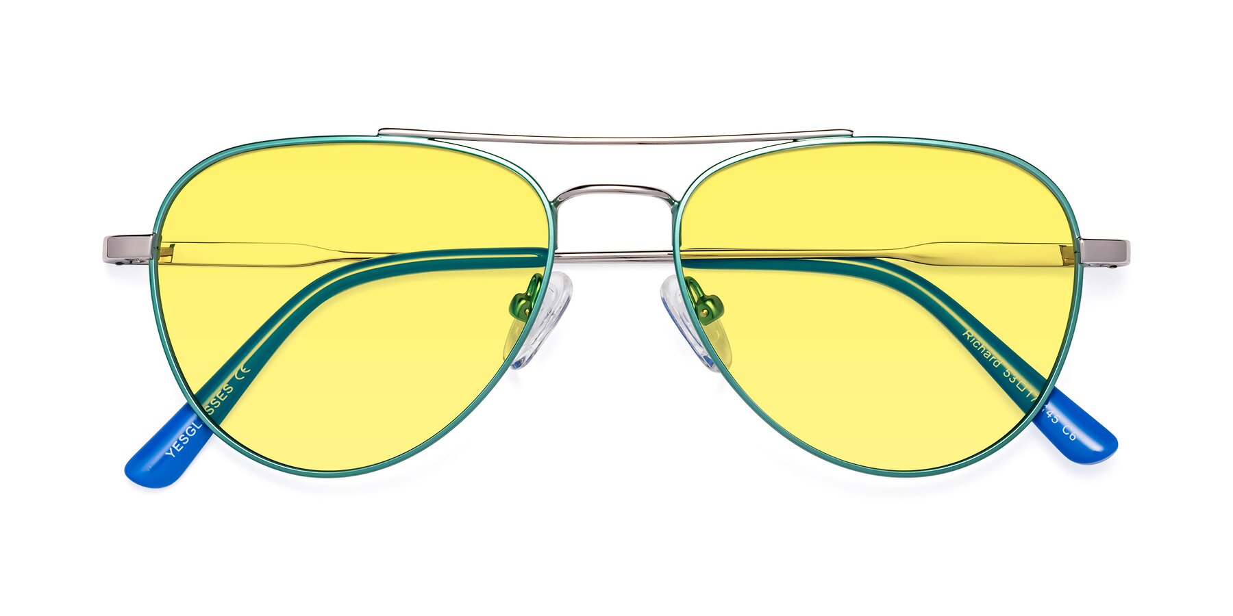 Folded Front of Richard in Green-Silver with Medium Yellow Tinted Lenses