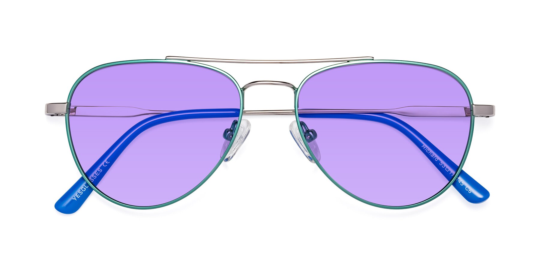 Folded Front of Richard in Green-Silver with Medium Purple Tinted Lenses