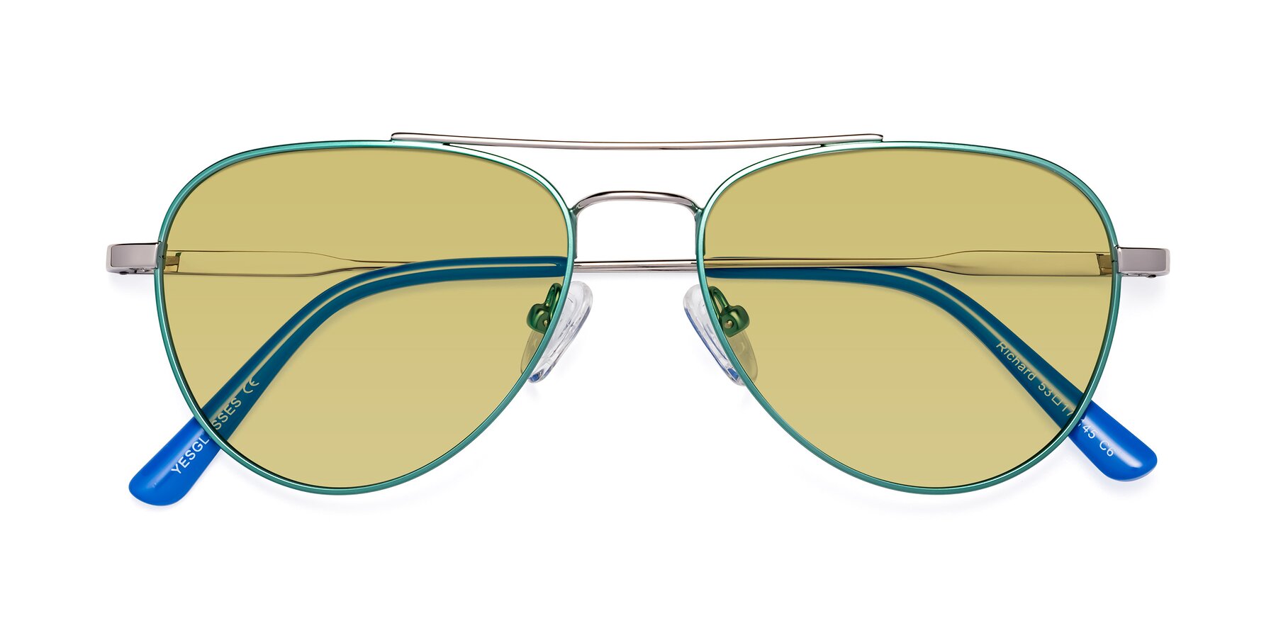 Folded Front of Richard in Green-Silver with Medium Champagne Tinted Lenses