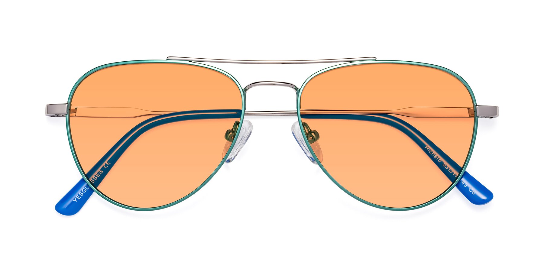 Folded Front of Richard in Green-Silver with Medium Orange Tinted Lenses