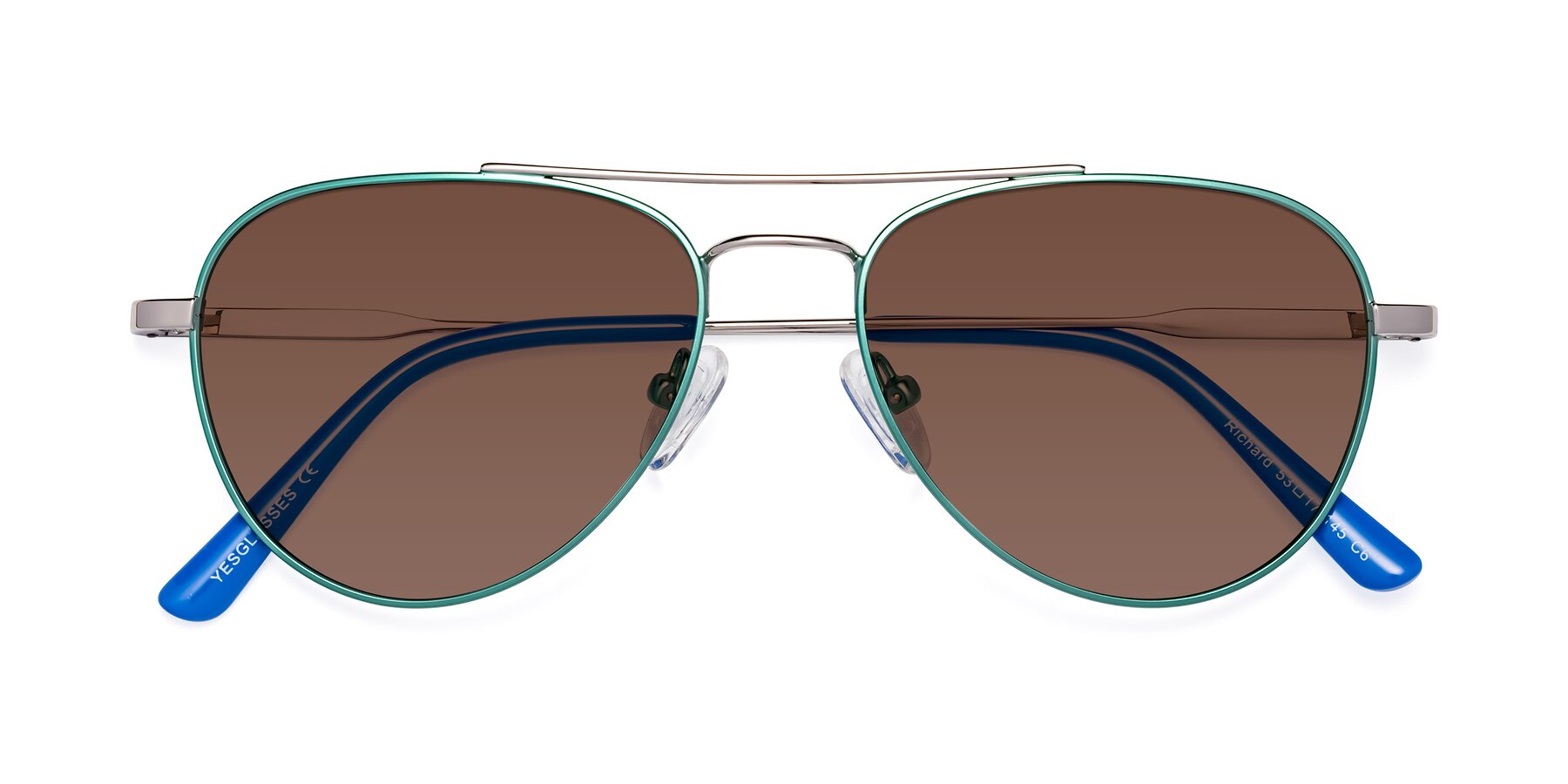 Folded Front of Richard in Green-Silver with Brown Tinted Lenses