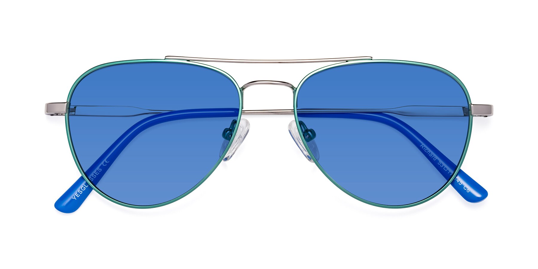 Folded Front of Richard in Green-Silver with Blue Tinted Lenses