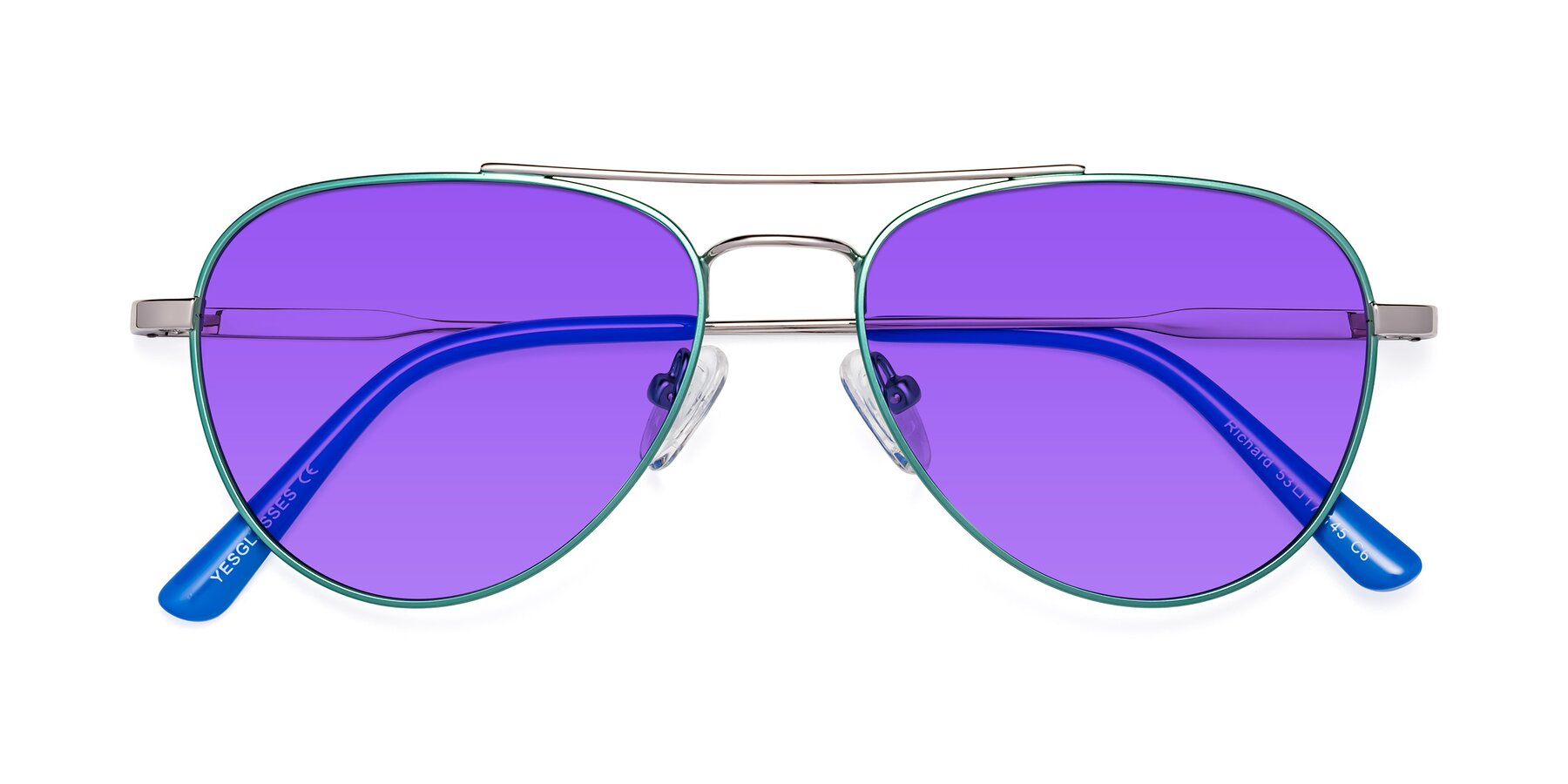 Folded Front of Richard in Green-Silver with Purple Tinted Lenses