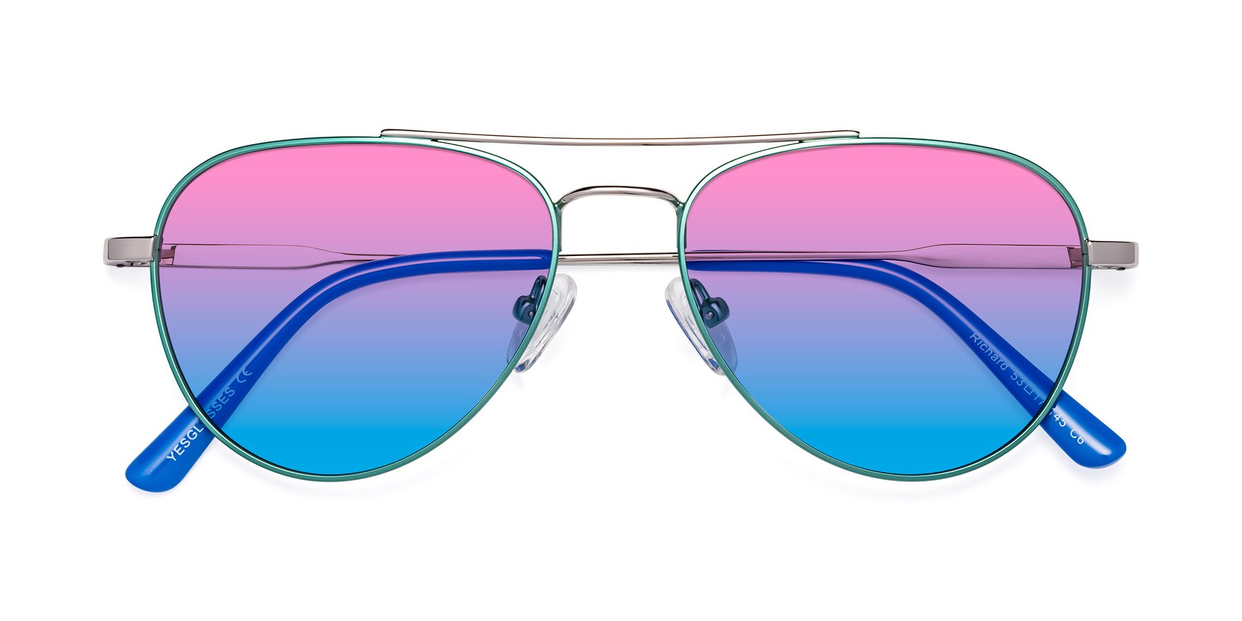 Folded Front of Richard in Green-Silver with Pink / Blue Gradient Lenses