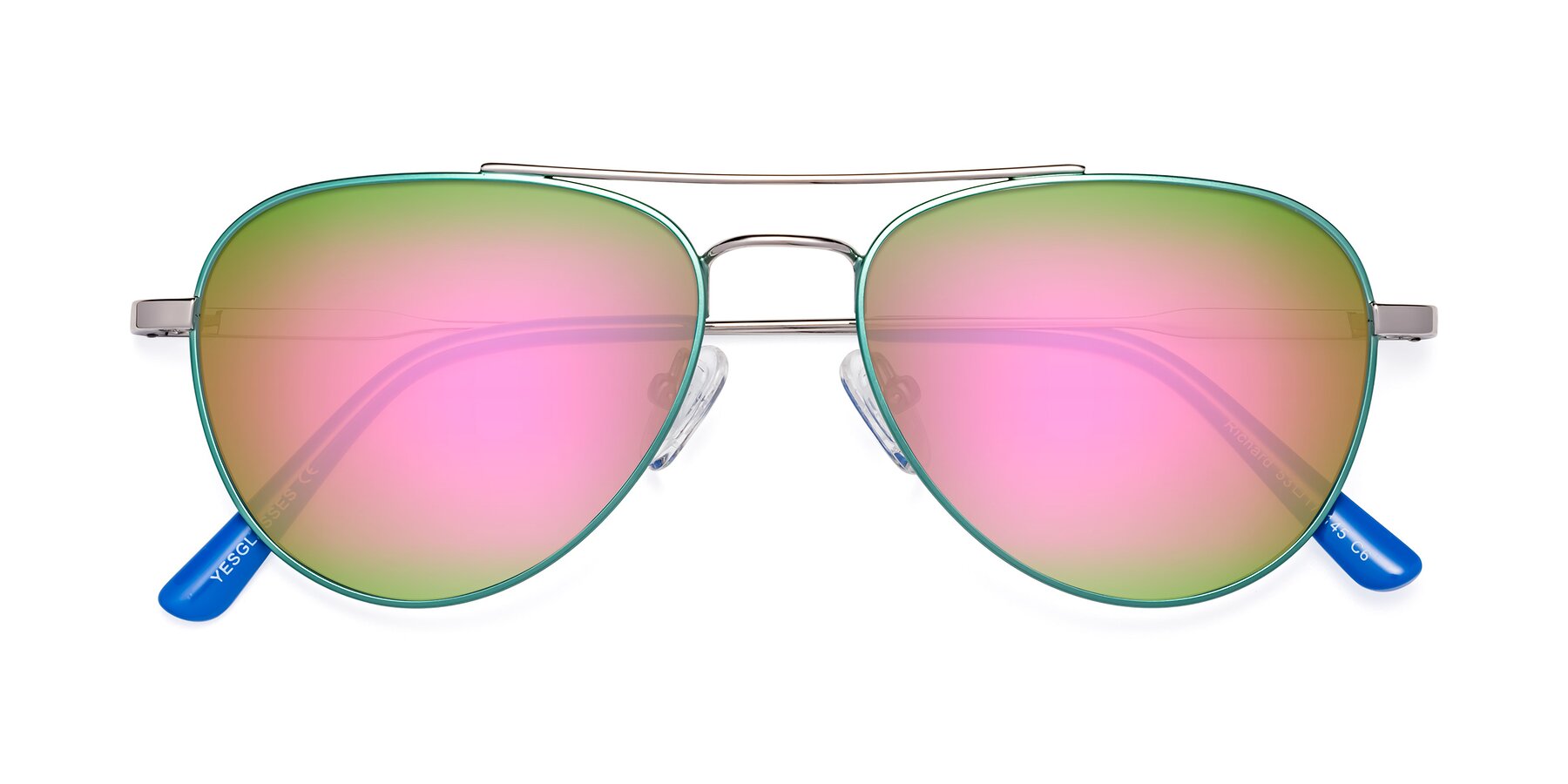 Folded Front of Richard in Green-Silver with Pink Mirrored Lenses