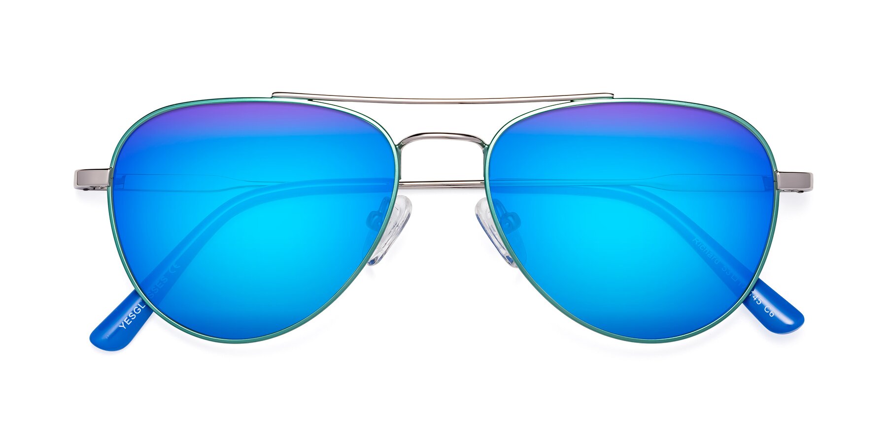Folded Front of Richard in Green-Silver with Blue Mirrored Lenses