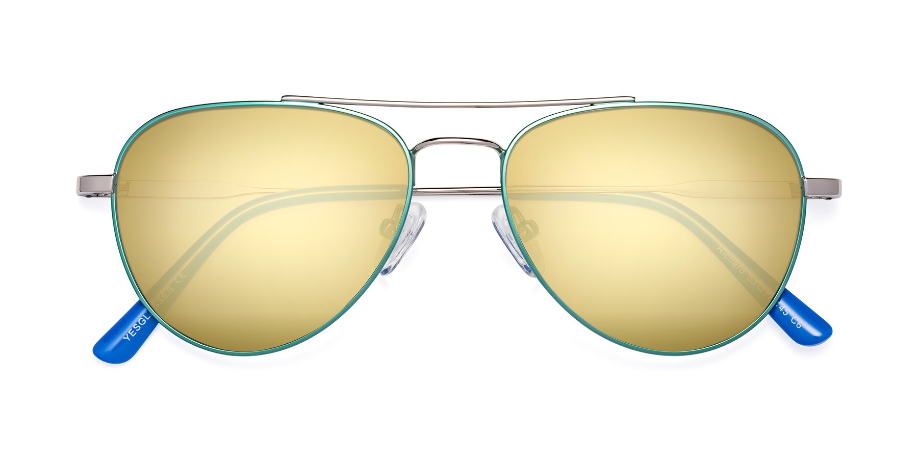 Folded Front of Richard in Green-Silver with Gold Mirrored Lenses