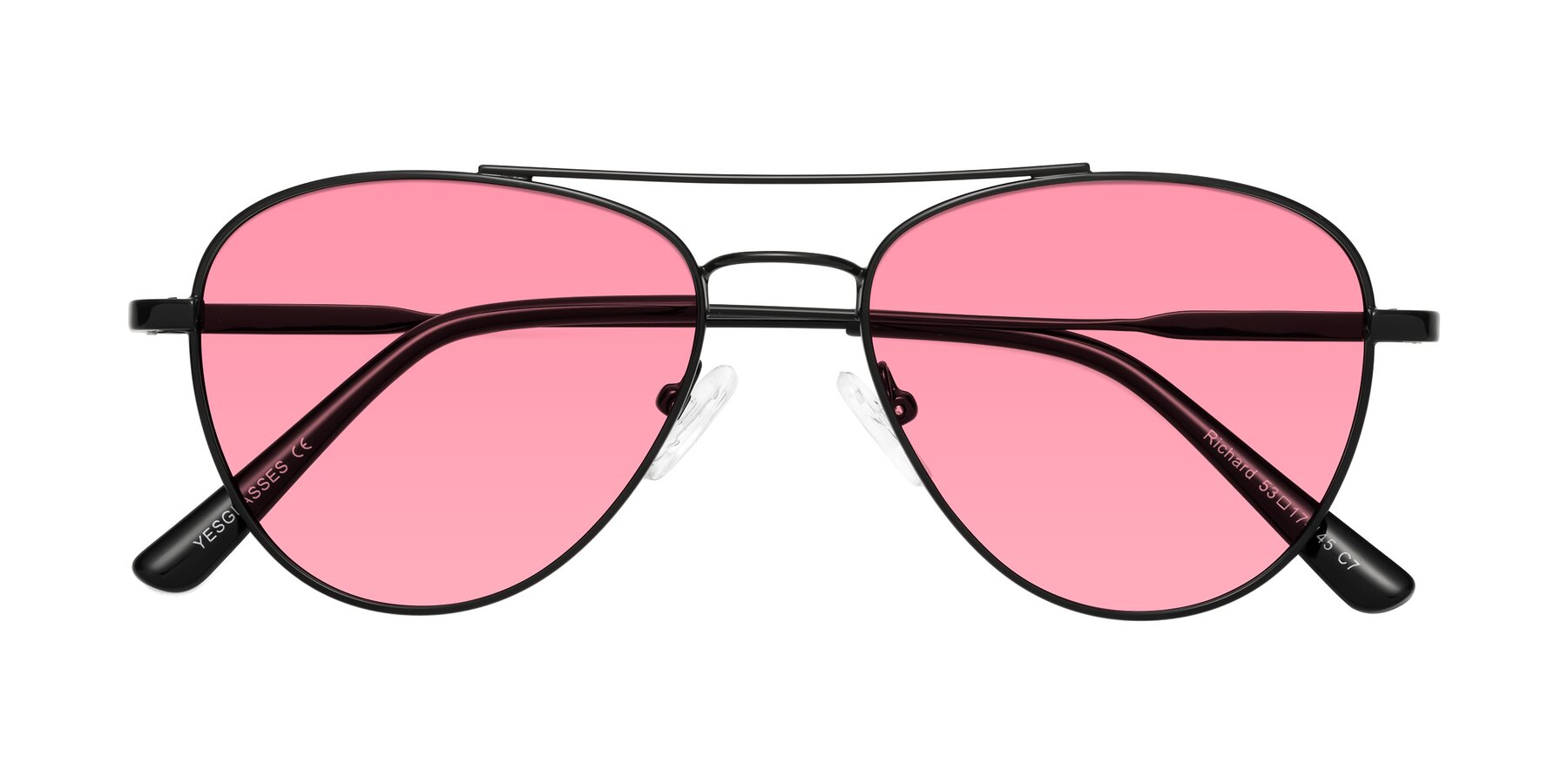 Folded Front of Richard in Black with Pink Tinted Lenses